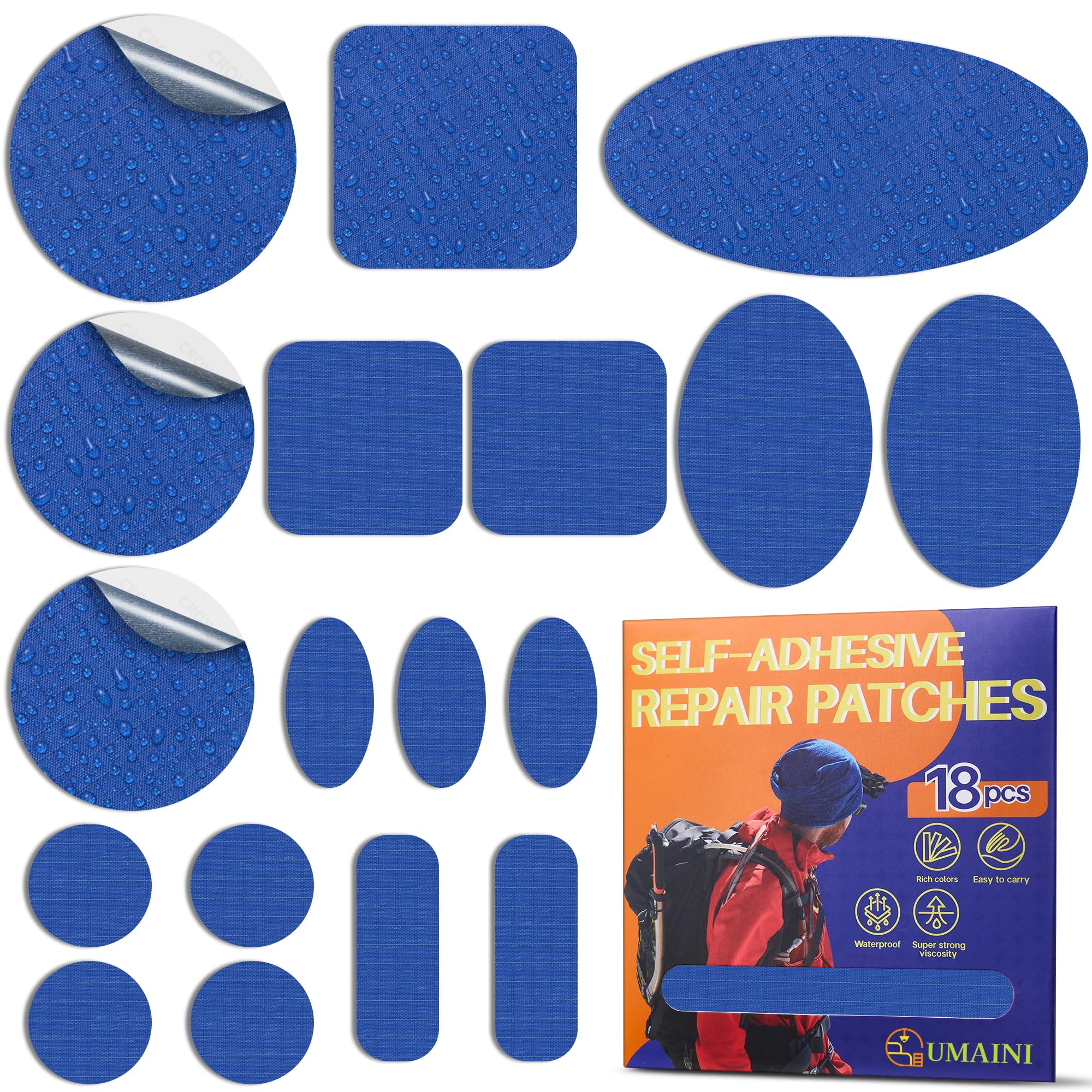 Donsjack reparatieset zelfklevend Geel, 18 stuks nylon patches