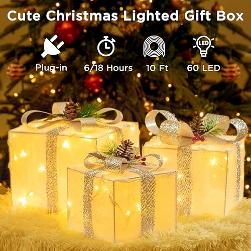 Miniatura 5 de Juego de 3 cajas de regalo iluminadas de Navidad enchufables, 60 luces LED preiluminadas, decoraciones de Navidad al aire libre, interiores y