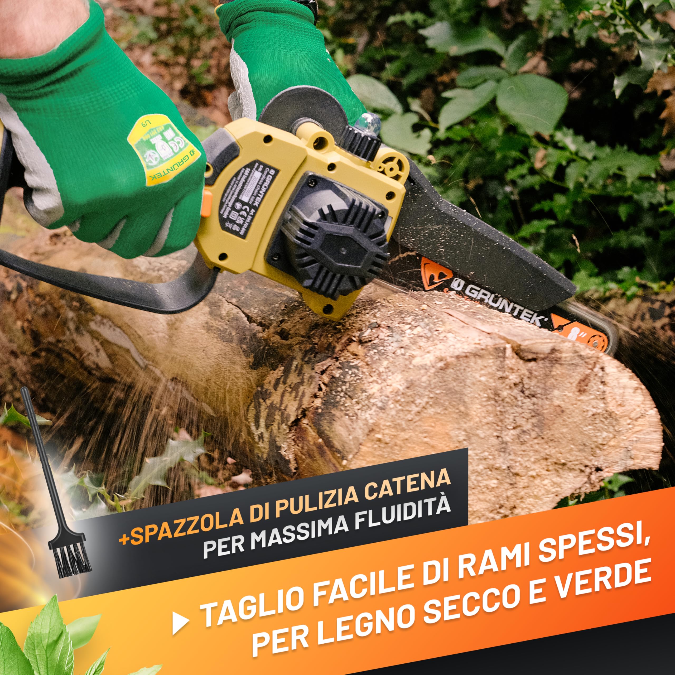 GRÜNTEK Mini Motosega a Batteria 1050W. Motosega Elettrica 6" e 8". Sega Elettrica per Potatura Brushless. Seghetto Elettrico per Legno. Lubrificazione Automatica. Potatore con 2 Batterie 21V.
