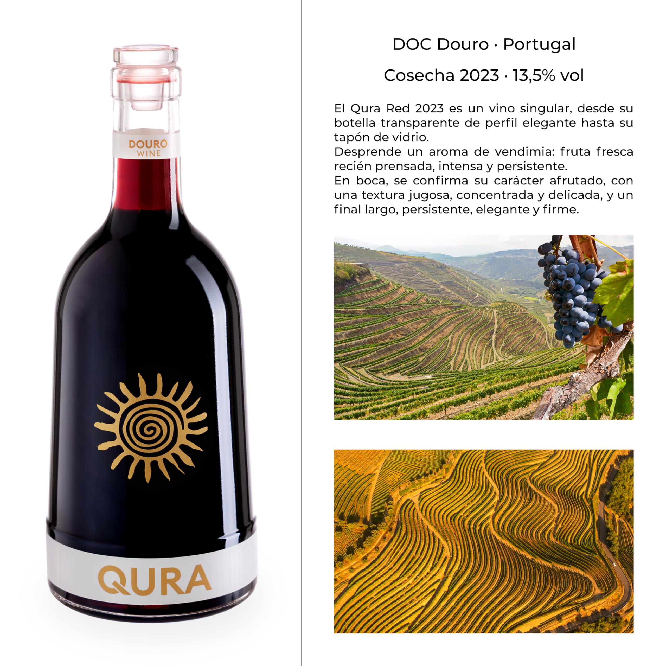 QURA – Vino Tinto DOC Douro Edición Especial | Caja de Vino para Regalo | Pack Vino para Regalar 3 Botellas | Cosecha 2023 | 13,5% vol | Rubí | Jugoso y elegante