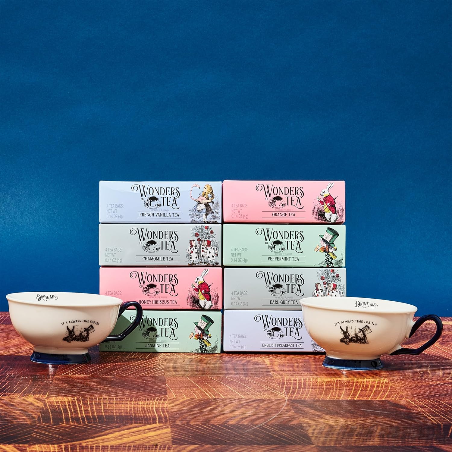 Alice’s Adventures in Wonderland Tea Assortment Gift Set, Includes 2 Ceramic Cups and 32 Tea Bags of Herbal, Black, and Green Tea in Whimsical Book-Shaped Packaging, Set of 34