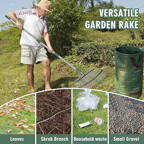 Miniatura 4 de Rastrillo de jardín resistente de 65 pulgadas, rastrillo de jardín de 25 dientes con cucharas de hojas y bolsa, rastrillo de metal antideslizante