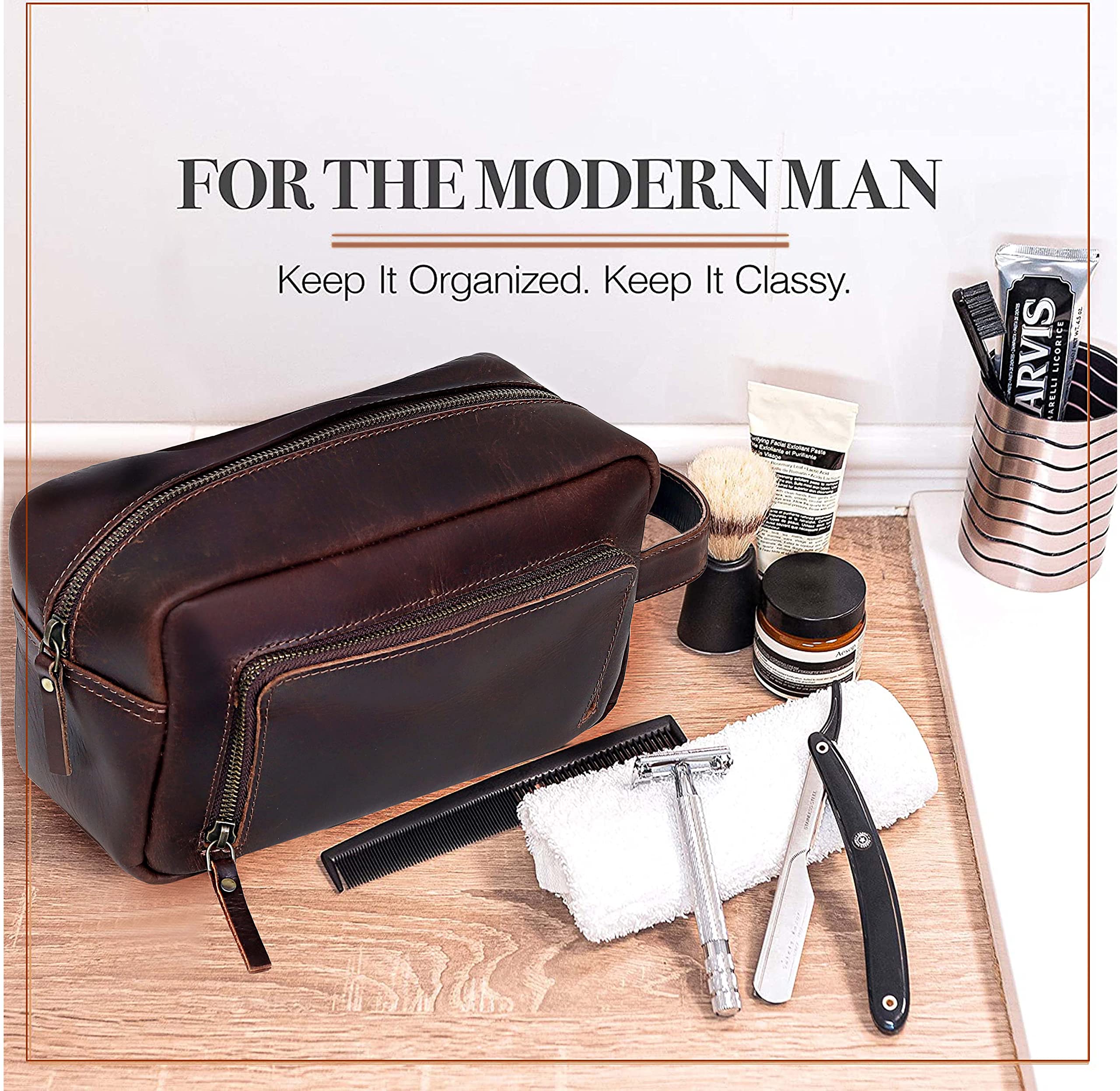 Aaron Leather Toiletry Bag for Men, Travel Dopp Kit