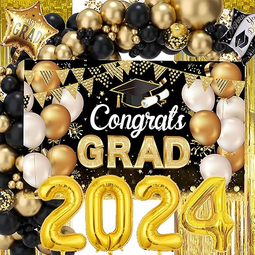 Miniatura 2 de Decoraciones de graduación clase de 2023, incluyendo telón de fondo de graduación de felicitaciones, arco de globos, pancarta con texto en inglés