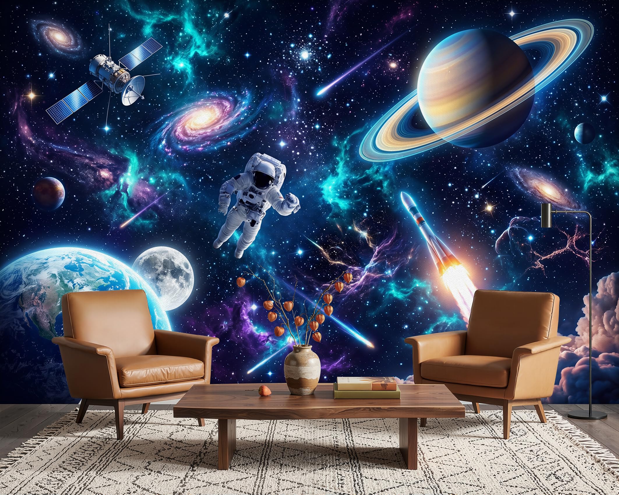 PaxGloz 3D Galaxy Outer Space Wallpaper, Astronaut and Planets Wall Mural for Living Room & Bedroom Kids Teenage Room, Non-Woven Decorative Wall Art 300x210 cm