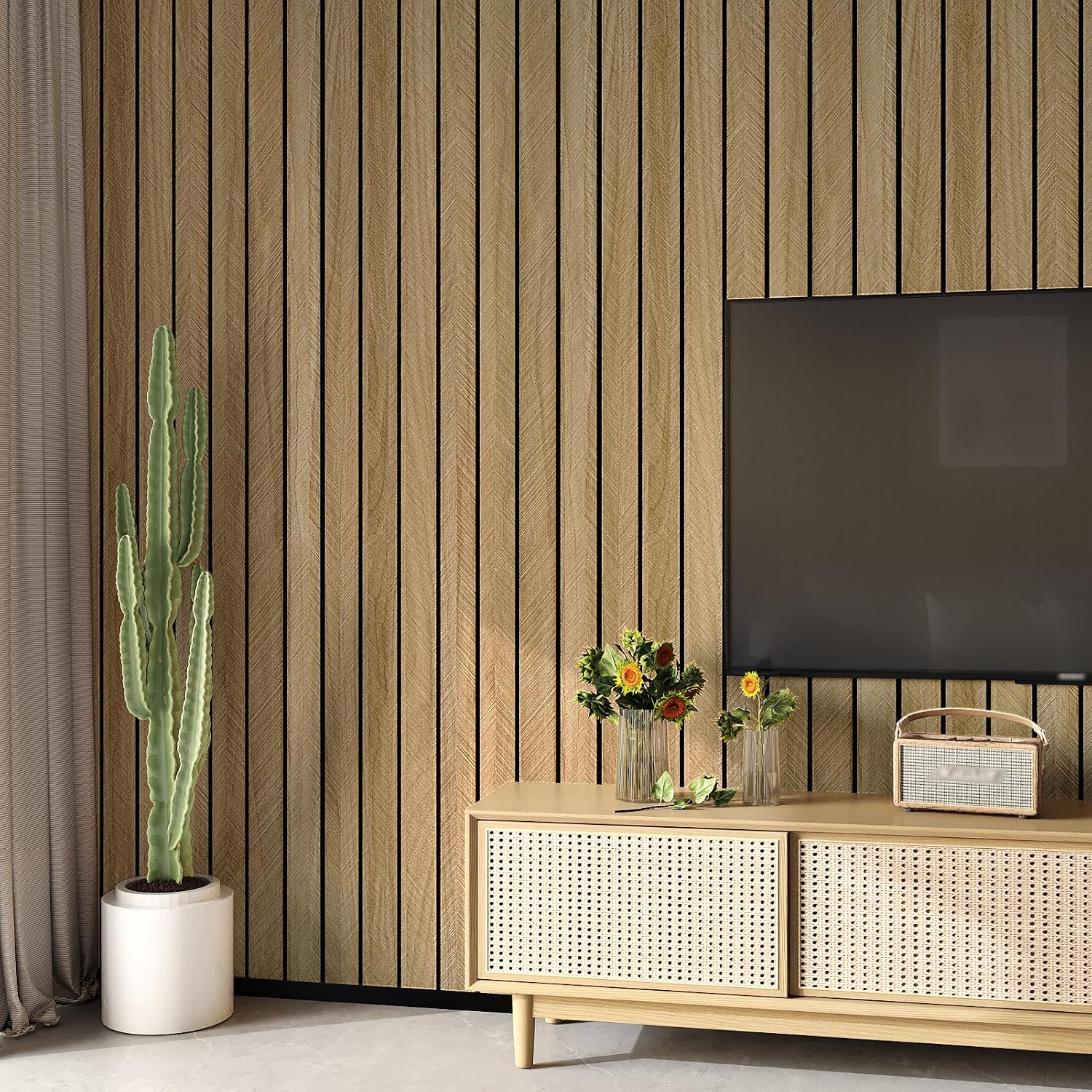 Brown Wood Panels for Wall 3D Wood Slat Wall Panel Acoustic Faux Wooden Slat Wallpaper Self Adhesive Herringbone Shiplap Peel and Stick Wallpaper for Bedroom Living Room Entrance Hall Decor