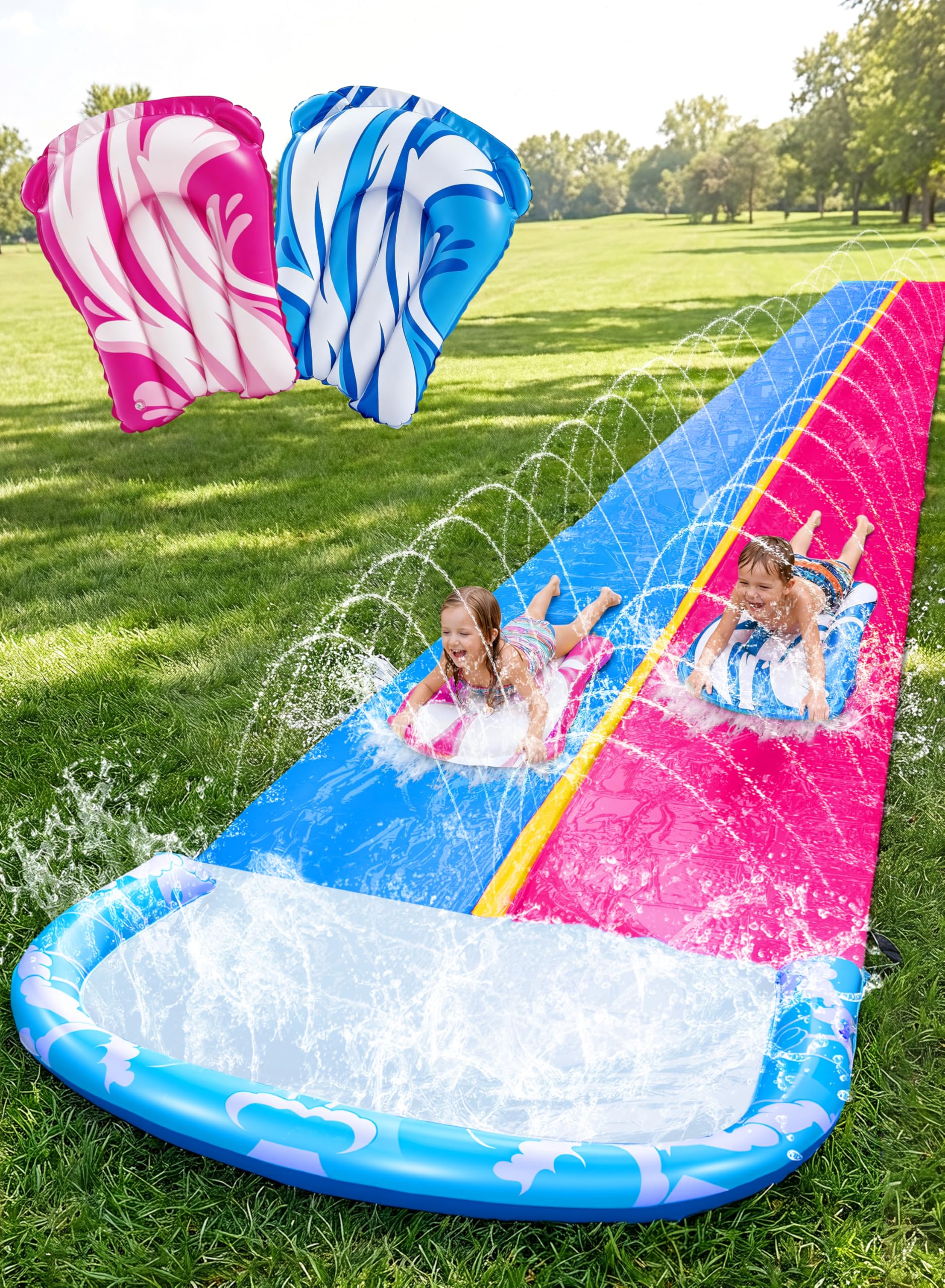 JOYIN 22.5FT Water Slide and 2 Inflatable Boards, Extra Long Heavy Duty Double Lawn Waterslide with Sprinkler for Kids Adults Backyard Summer Water Toy Outdoor Fun, Blue, Pink
