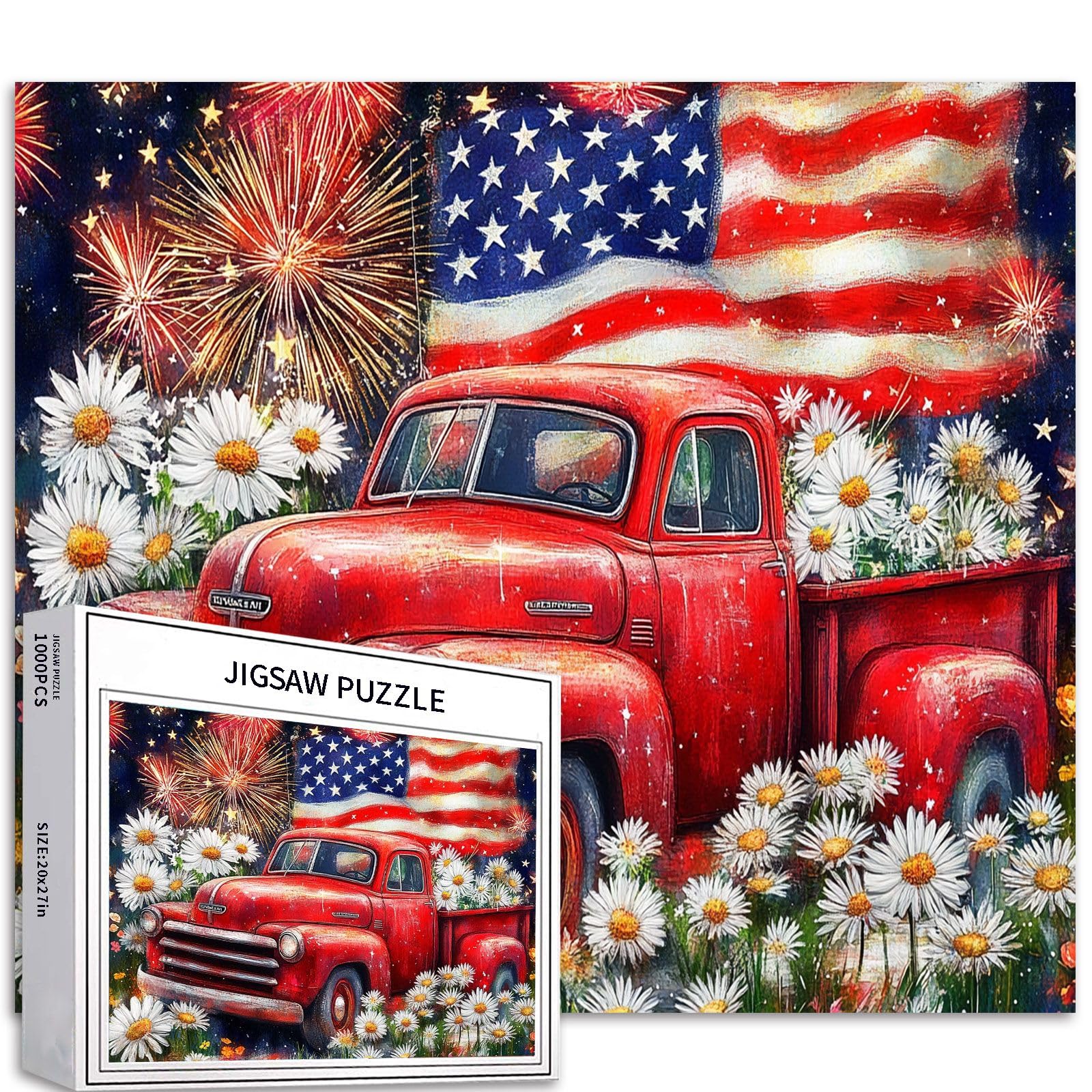 1000 Pc Vintage Truck Flag Watercolor Puzzle Fireworks Floral 27x20 Inch Ultra-Detailed Art Challenging Family Activity Games Colorful DIY Craft