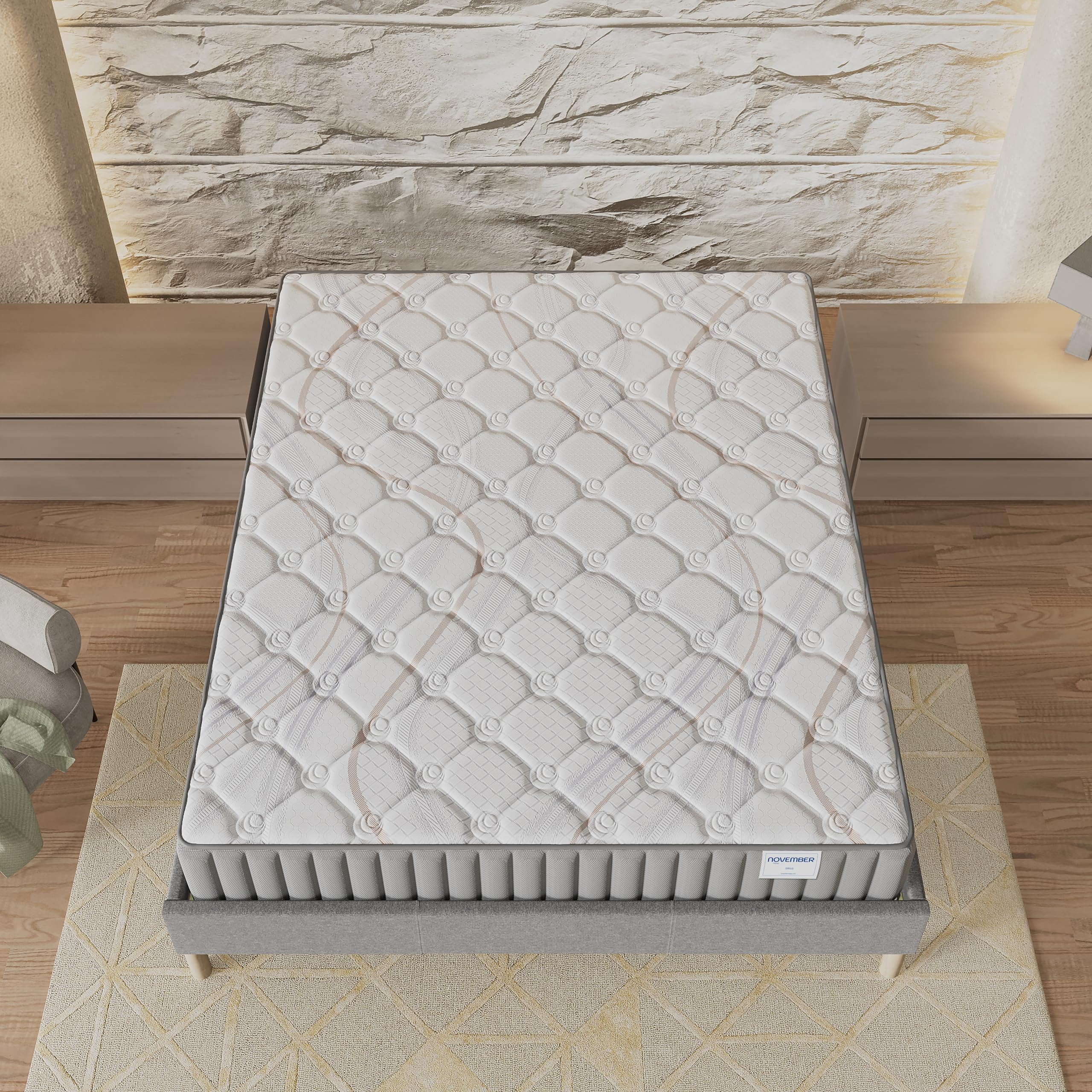 NOVEMBER- Ensemble Matelas + sommier (160 x 200cm) - Matelas Sirius Latex Naturel & Mousse Haute Densité d’épaisseur 22cm + Sommier Bois Stable & Robuste revêtement Tissu Gris