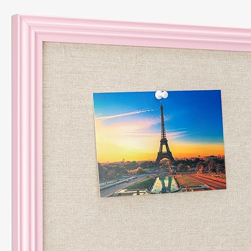Miniatura 10 de Navaris Tablero de anuncios de lino enmarcado  17 x 23 pulgadas organizador de joyas de tela para tablero de notas de memoria de pared  Lino rosa