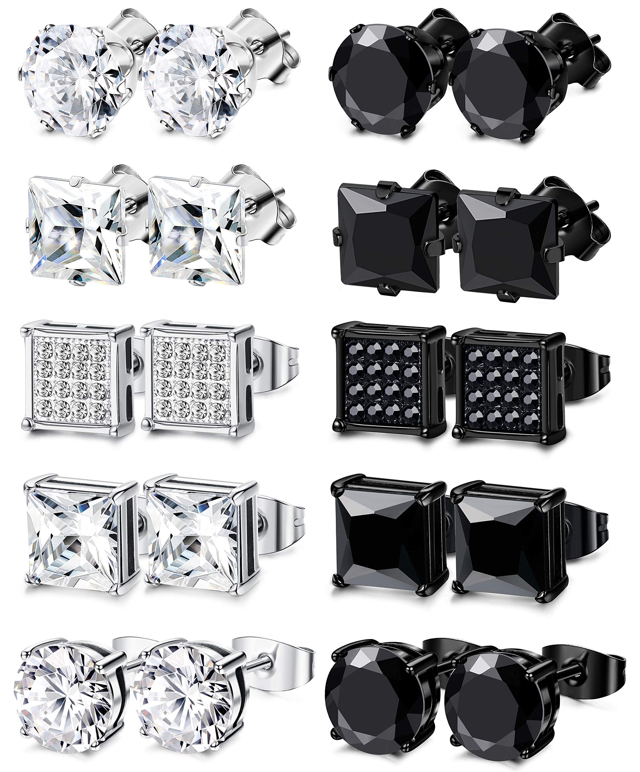 Finrezio10 Pairs Mens Stud Earrings Stainless Steel Earrings Black Stud Earrings Cubic Zirconia Stud Earrings Square Round Earrings Hypoallergenic for Men Boy