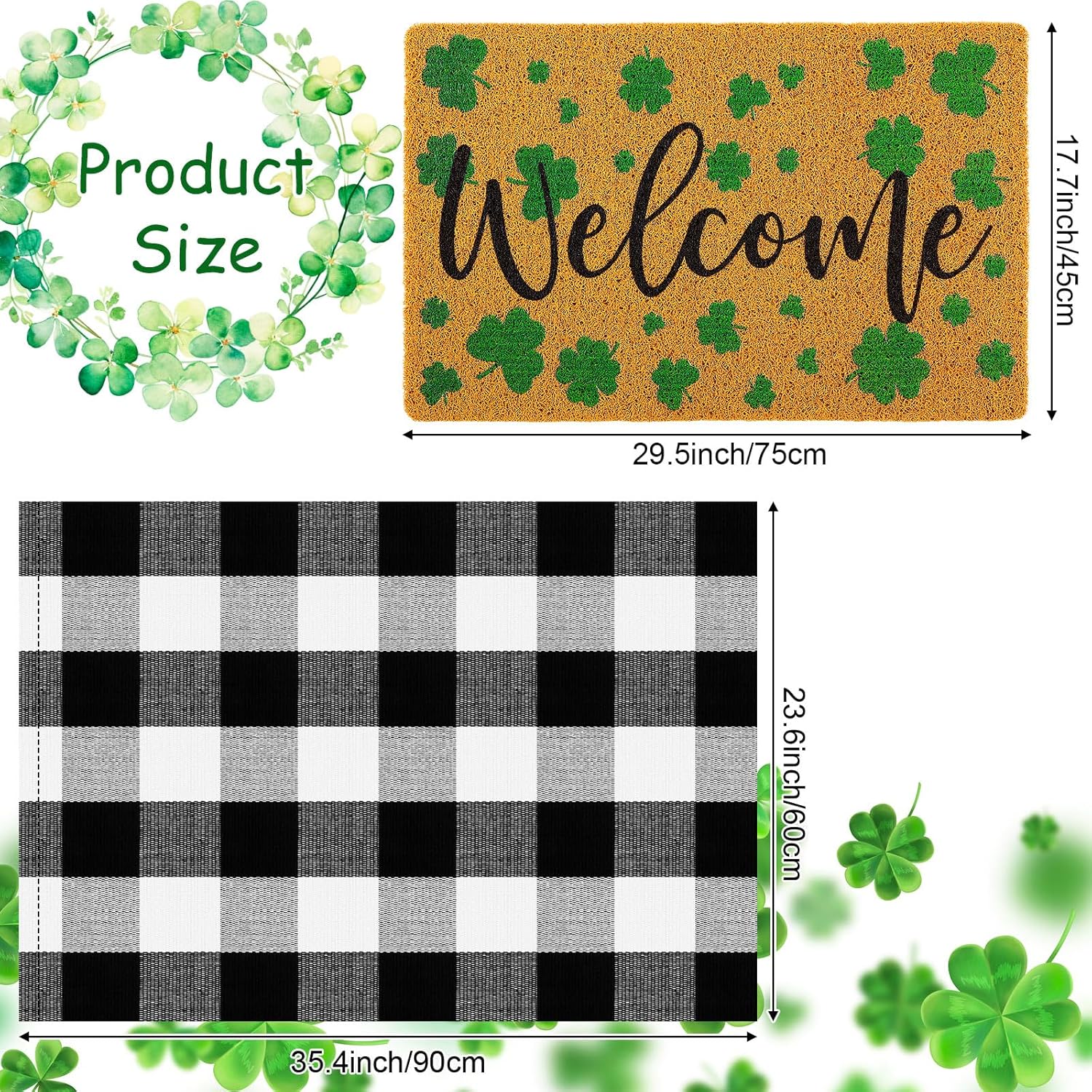 2 Pack St. Patrick's Day Layered Coir Doormats Irish Green Shamrock & Clover Plaid Welcome Mat Set Non-Slip Indoor Outdoor Rug for Front Door, Porch, Entryway Decor