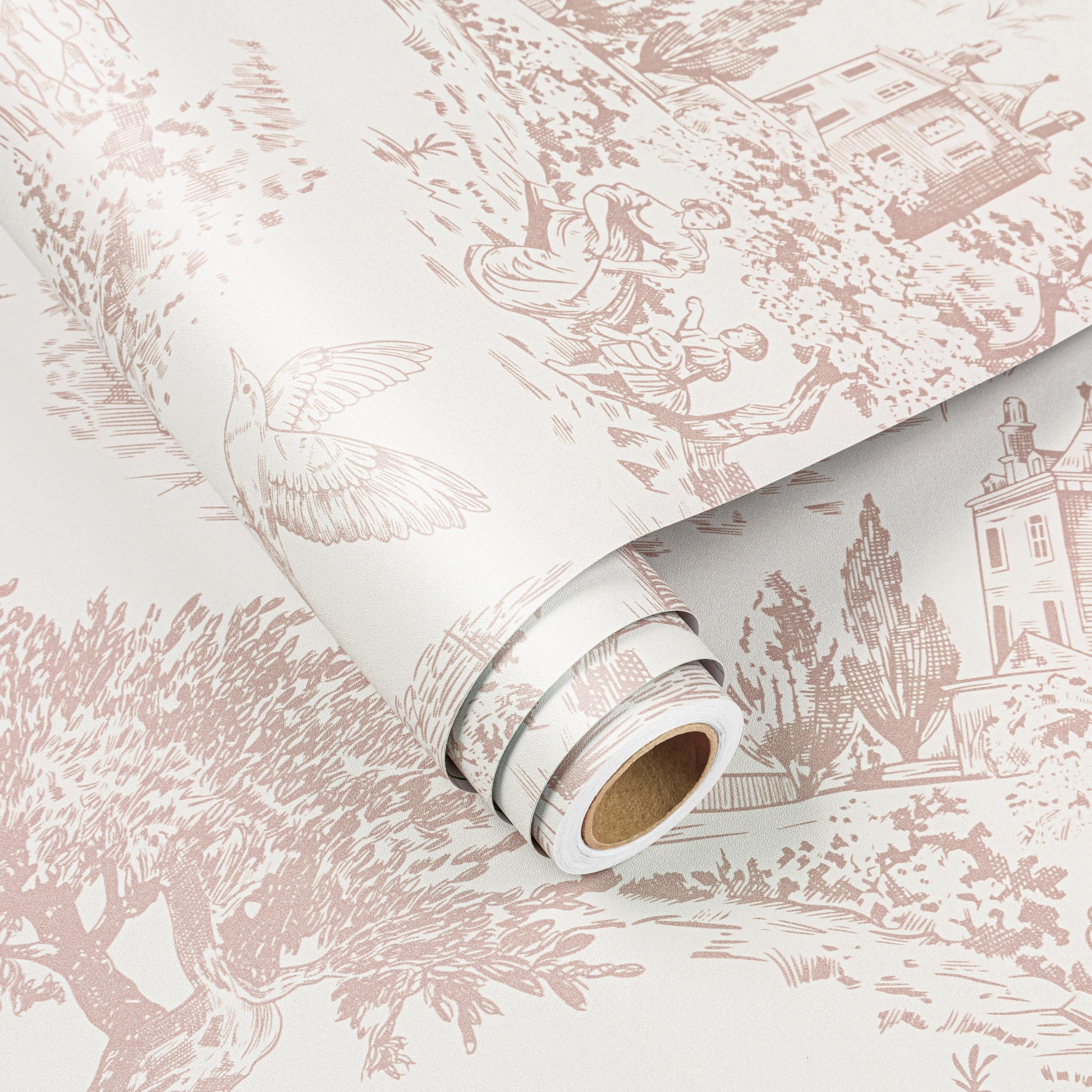 FunStick 44.5CMx9M Papel Pintado Rosa y Gris Papel Adhesivo Pared Baño Hojas Árboles Impermeable Revestimiento Muebles Armario Blanco Gris Castillo Jardín Vintage Vinilo Adhesivo Flores y Pájaros