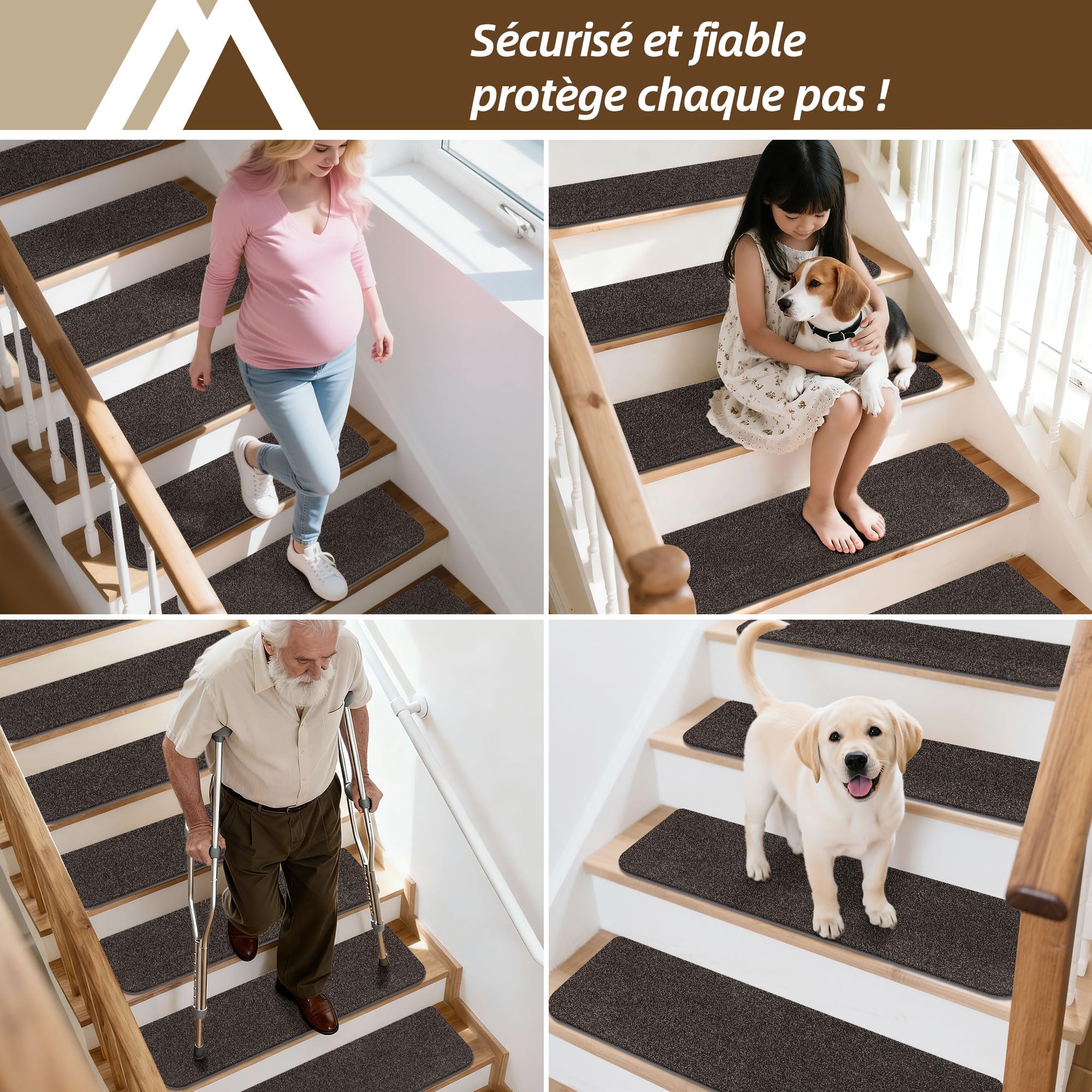 COSY HOMEER Lot de 15 tapis d'escalier, autocollants, 70 x 22 cm, découpables, lavables en machine, 100 % polyester, dos en TPE, sécurité pour enfants, personnes âgées et animaux domestiques, marron