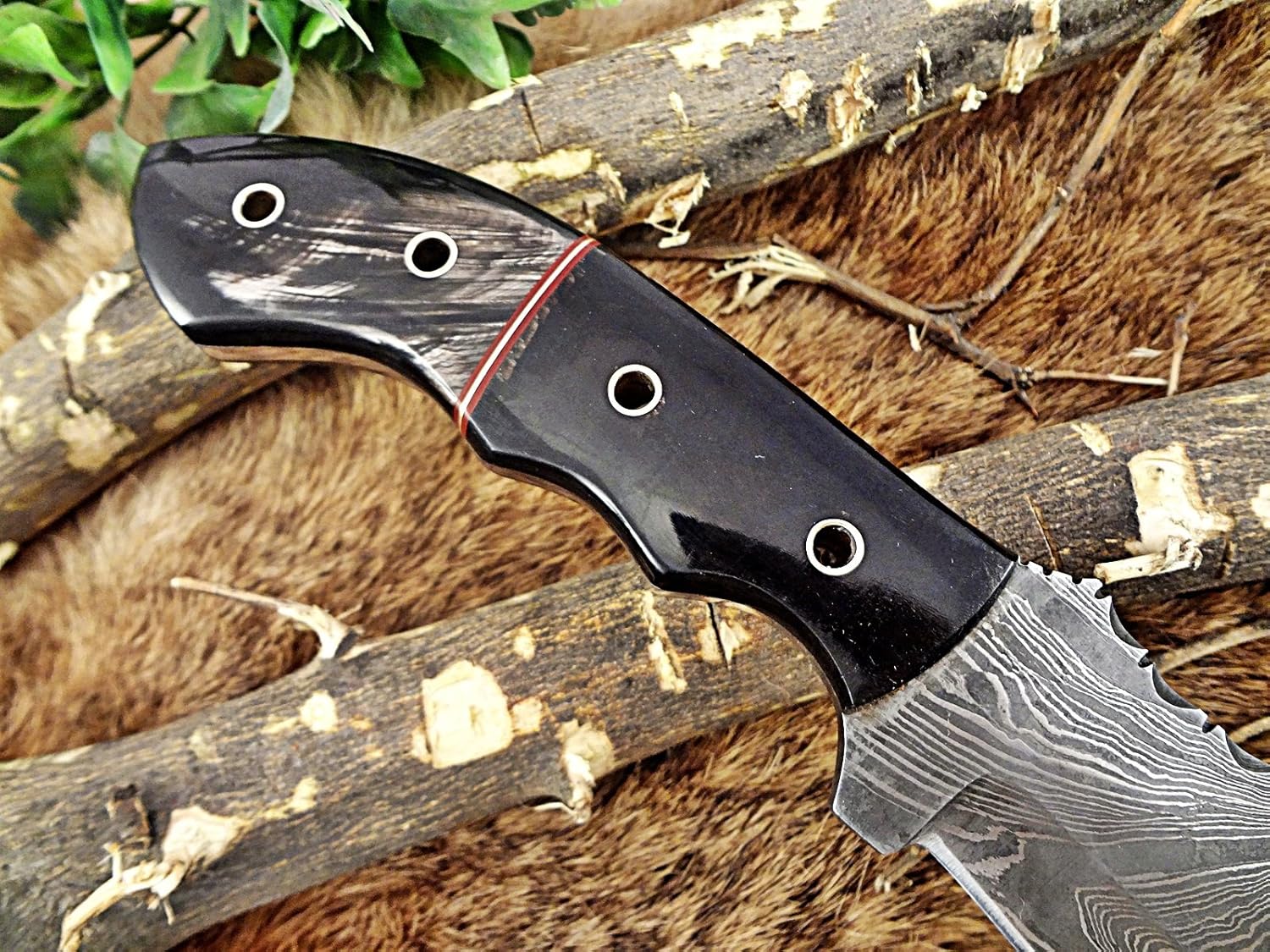 10" Long Damascus steel tracker knife hand forged twist pattern full tang, 2 tone bull horn with holes scale, Cow hide leather sheath