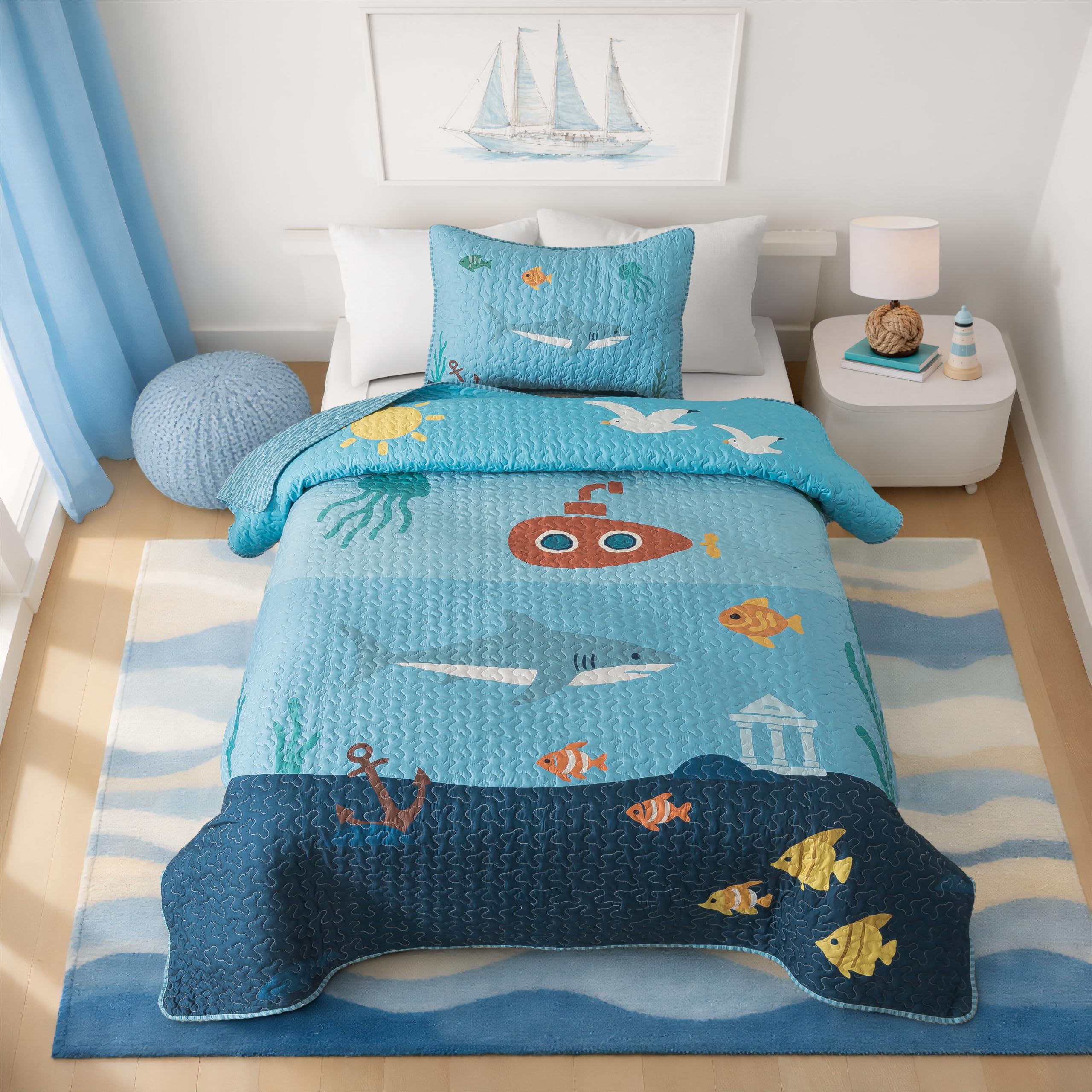 Soul &amp; Lane - Ocean Fish Quilt Set, Kids Sea Bedding, Twin with 1 Sham
