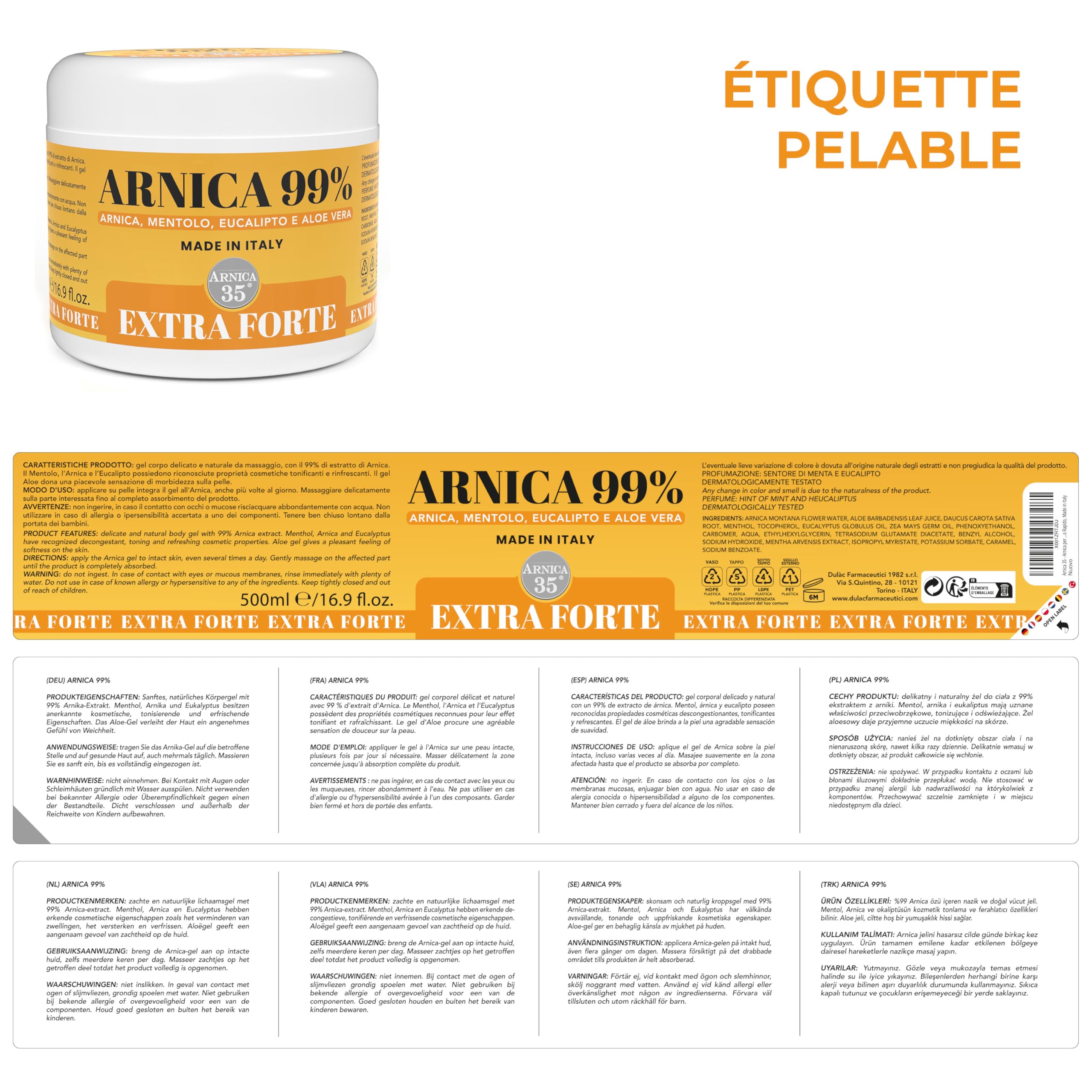 Arnica 35 – Gel d’Arnica Extra Fort 99%, Effet Rafraîchissant 500 ml, Procure du Confort aux Muscles, Articulations, Gel-Crème de Massage au Menthol, Eucalyptus et Aloe Vera, Made en Italie