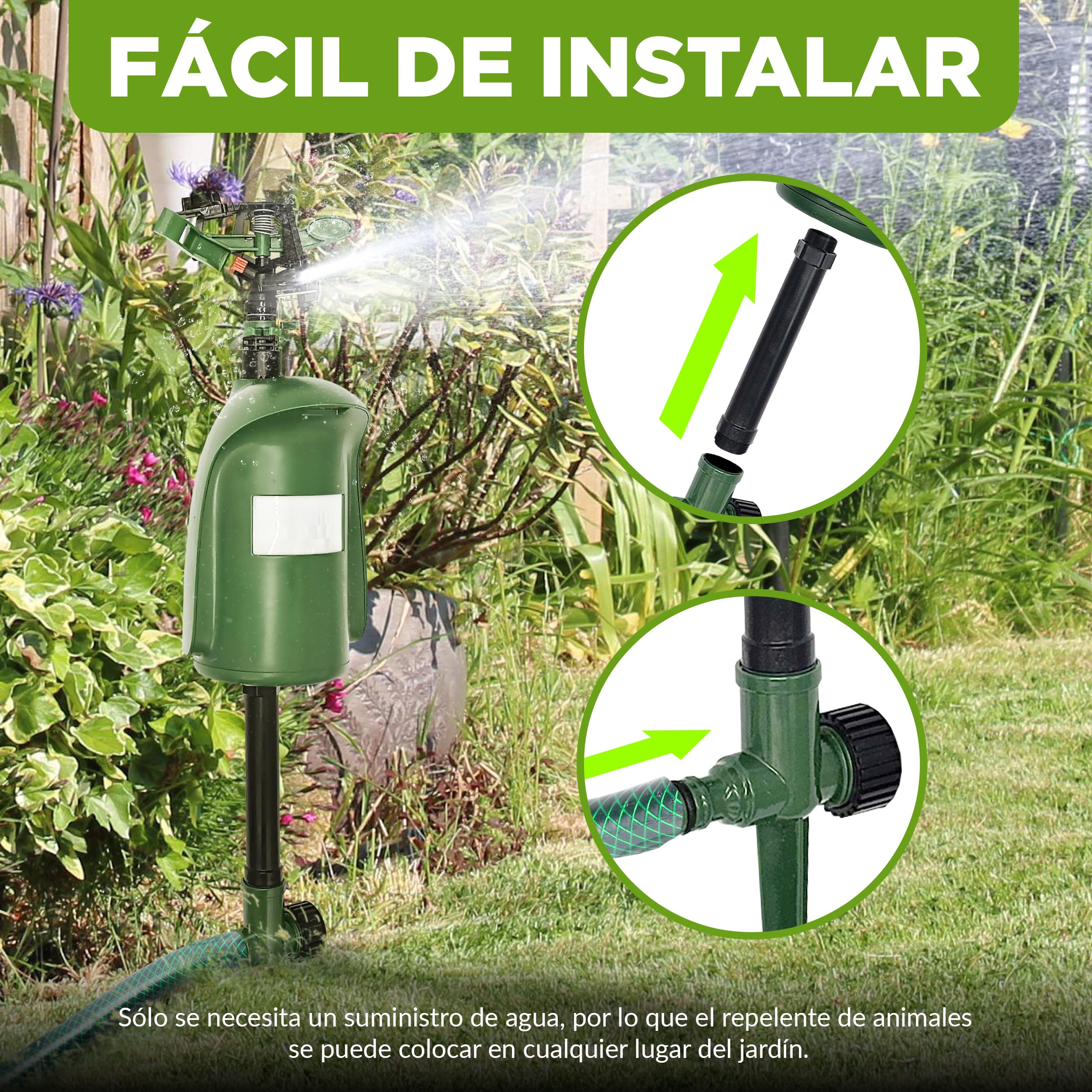 ISOTRONIC Repelente de Animales con Chorro de Agua — Ahuyentador de Gatos y Garzas con Detector de Movimiento 120° — Radio Ajustable para Jardín y Estanque — Defensa Eficaz (1 Unidad)