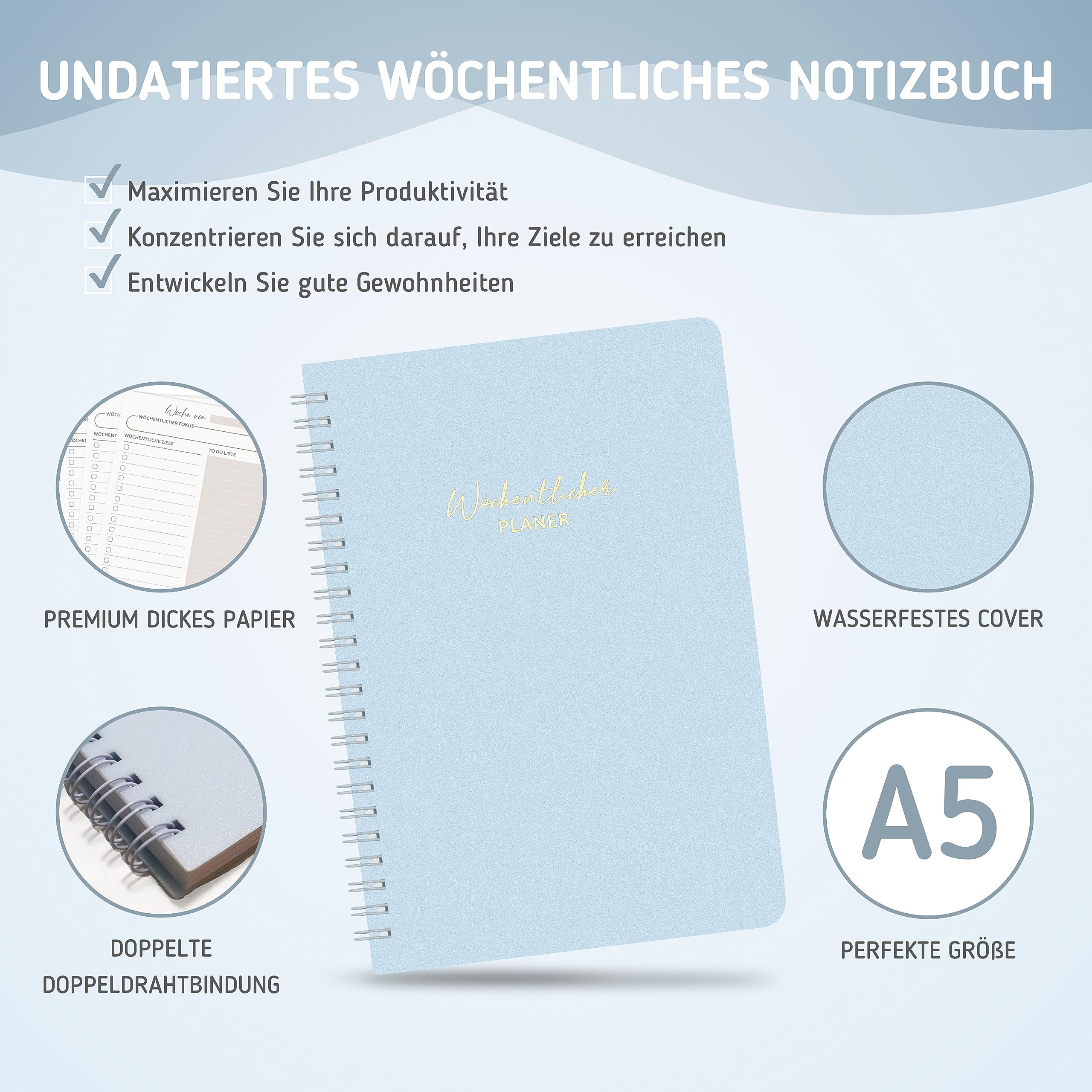 BIROYAL Agenda hebdomadaire non daté A5 - Planning avec liste de tâches - 52 feuilles français - Couverture rigide