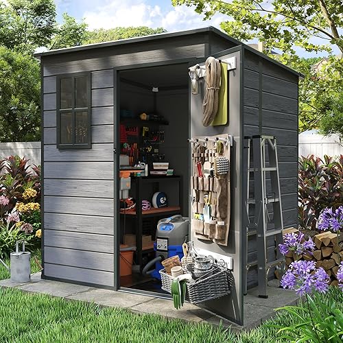 Amopatio Cobertizo de almacenamiento de resina de 6 x 6 pies, cobertizo para exteriores con piso incluido, cobertizos de plástico para