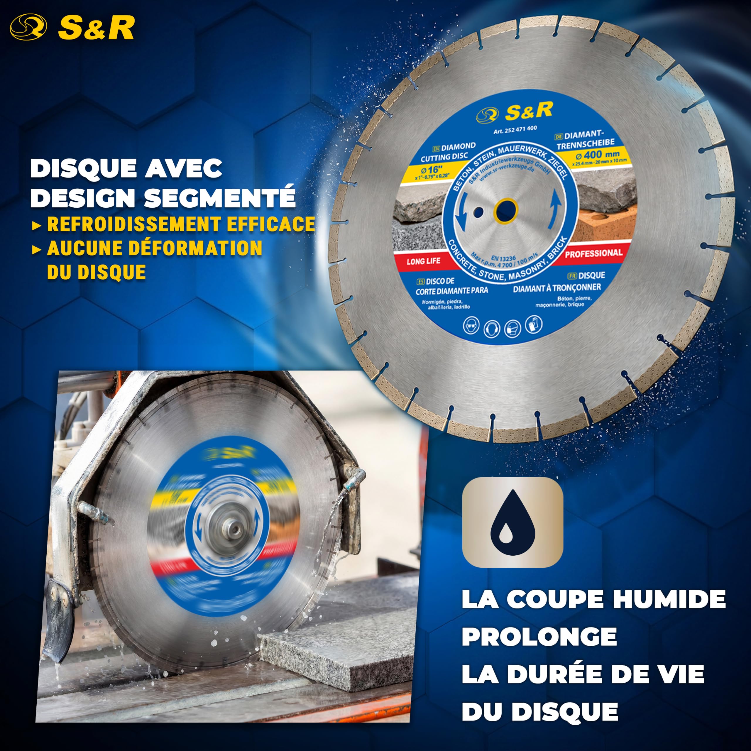 S&R Disque diamant 400 mm Béton. Disque Meuleuse 400 à tronçonner couper | Pour Béton - Pierre - Brique - Maçonnerie - Alésage 25,4 mm - Coupe à sec et à eau - Segments 10 mm