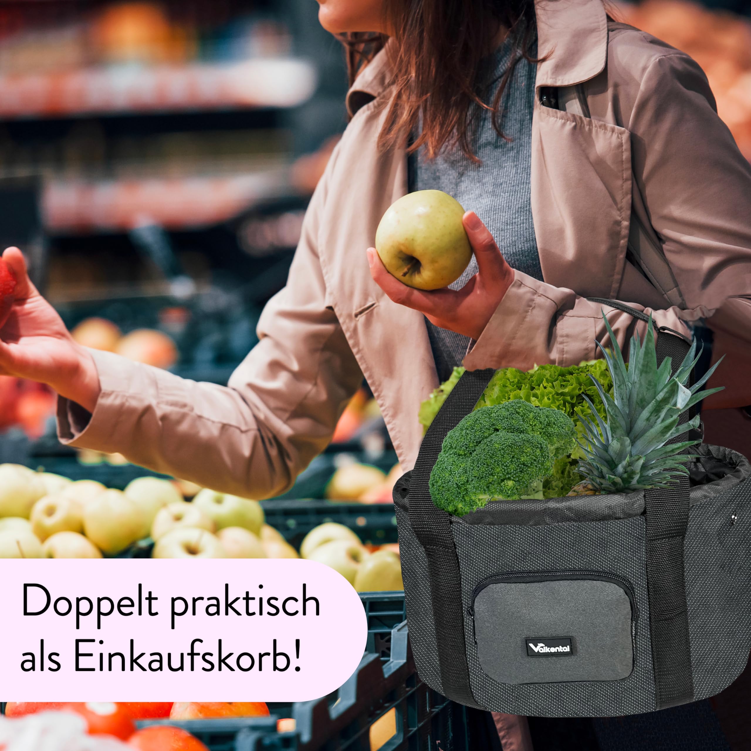 Valkental - Fahrradkorb für Hunde KLICKfix Kompatibel | Ideal als Einkaufskorb | Stabil und Sicher | Inkl. Bodenkissen & Praktischen Fächern