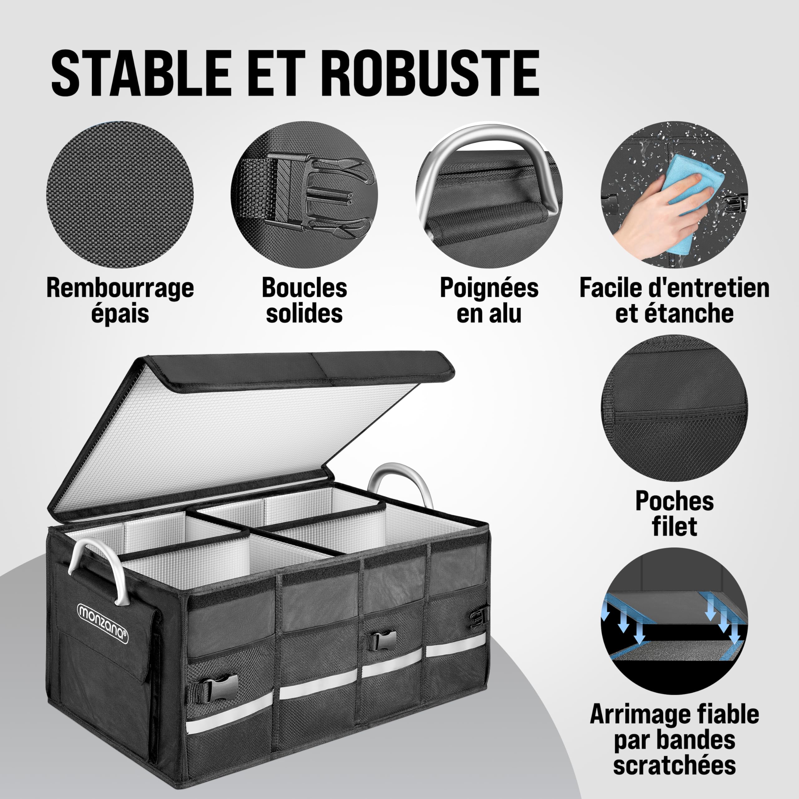 Monzana Organisateur de Coffre de Voiture Noir Isotherme MDF Isolant Couvercle 68L Pliable Parois renforcées Sac de rangement voiture