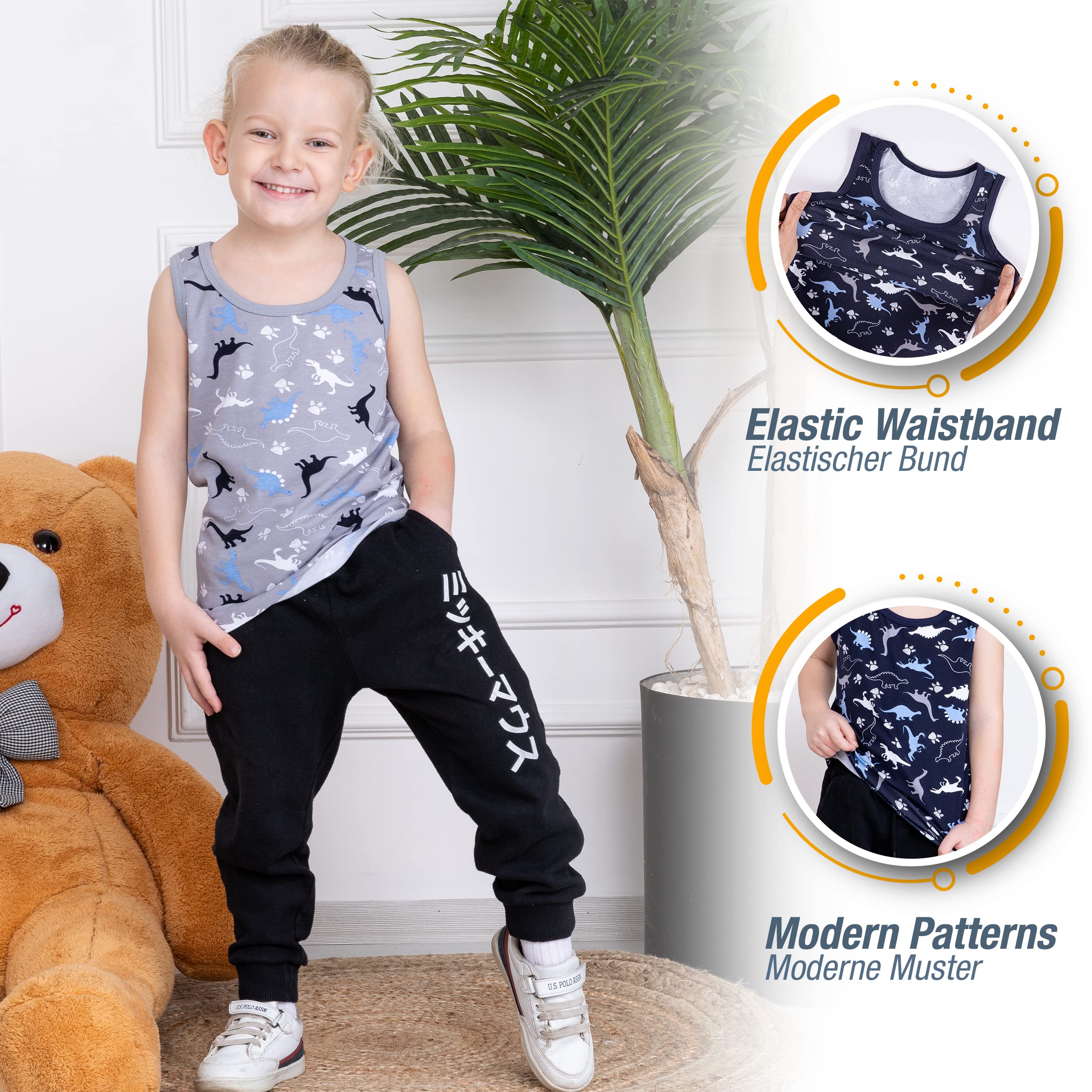 LOREZA ® Camiseta Interior de Tirantes para niño - Algodón - Motivo Dinosaurios - Disponible en Tallas de 2 a 11 años - Pack de 5 Unidades