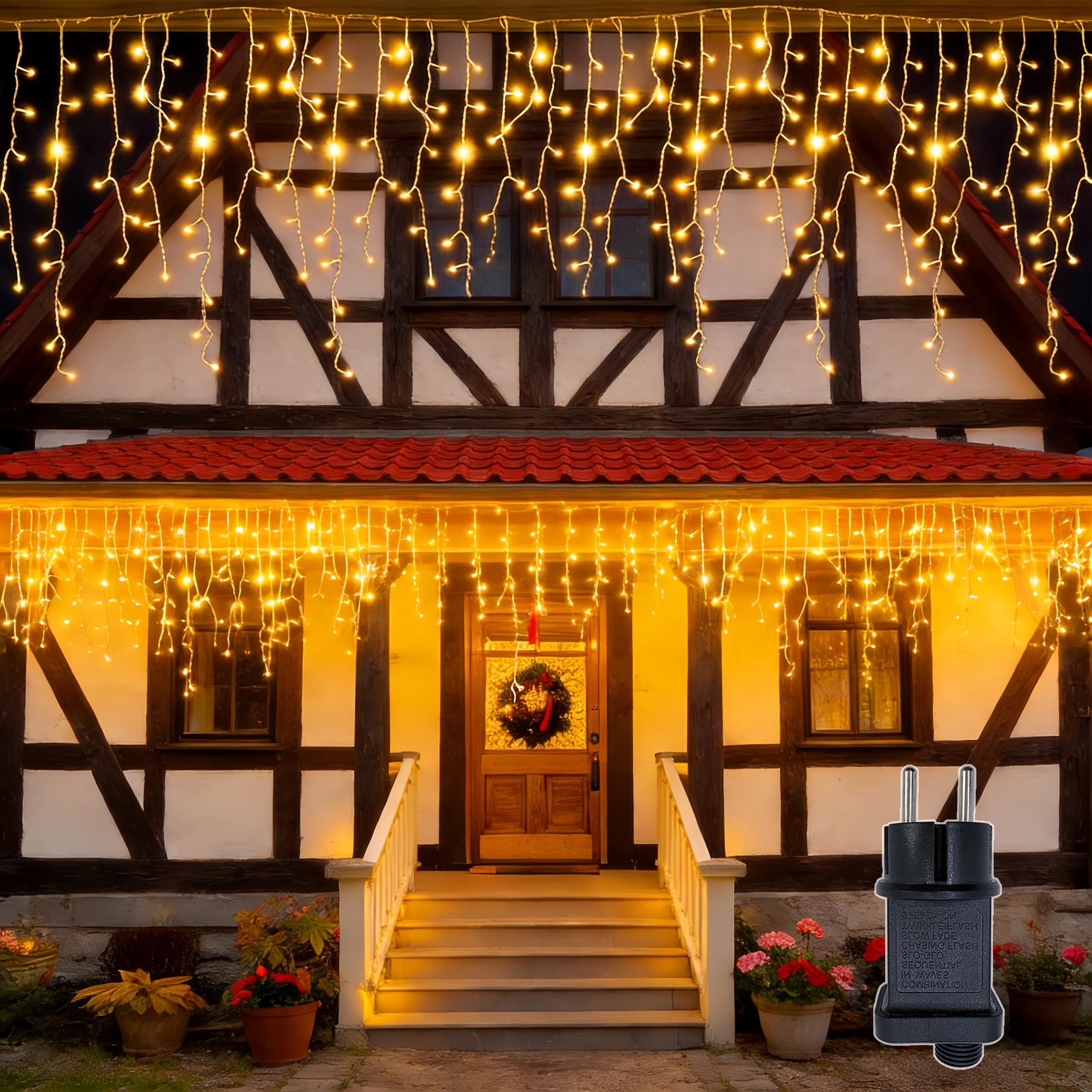 Catena Luminosa da Esterno, Cascata di Luci 15 m, 600 LED, Luce Bianca Calda, Impermeabile IP44, Spina UE, Timer e 8 Modalità di Illuminazione, per Natale, Feste, Giardino e Balcone