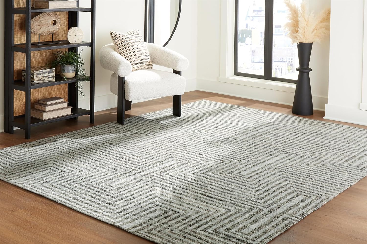 BOWERY HILL Contemporary Area Rug, 8x10, Wool Nylon Cotton Material, Ivory and Gray, Machine Woven Rectangular Rug, Cotton Backing, Boho Geometric Pattern for Living Room or Bedroom