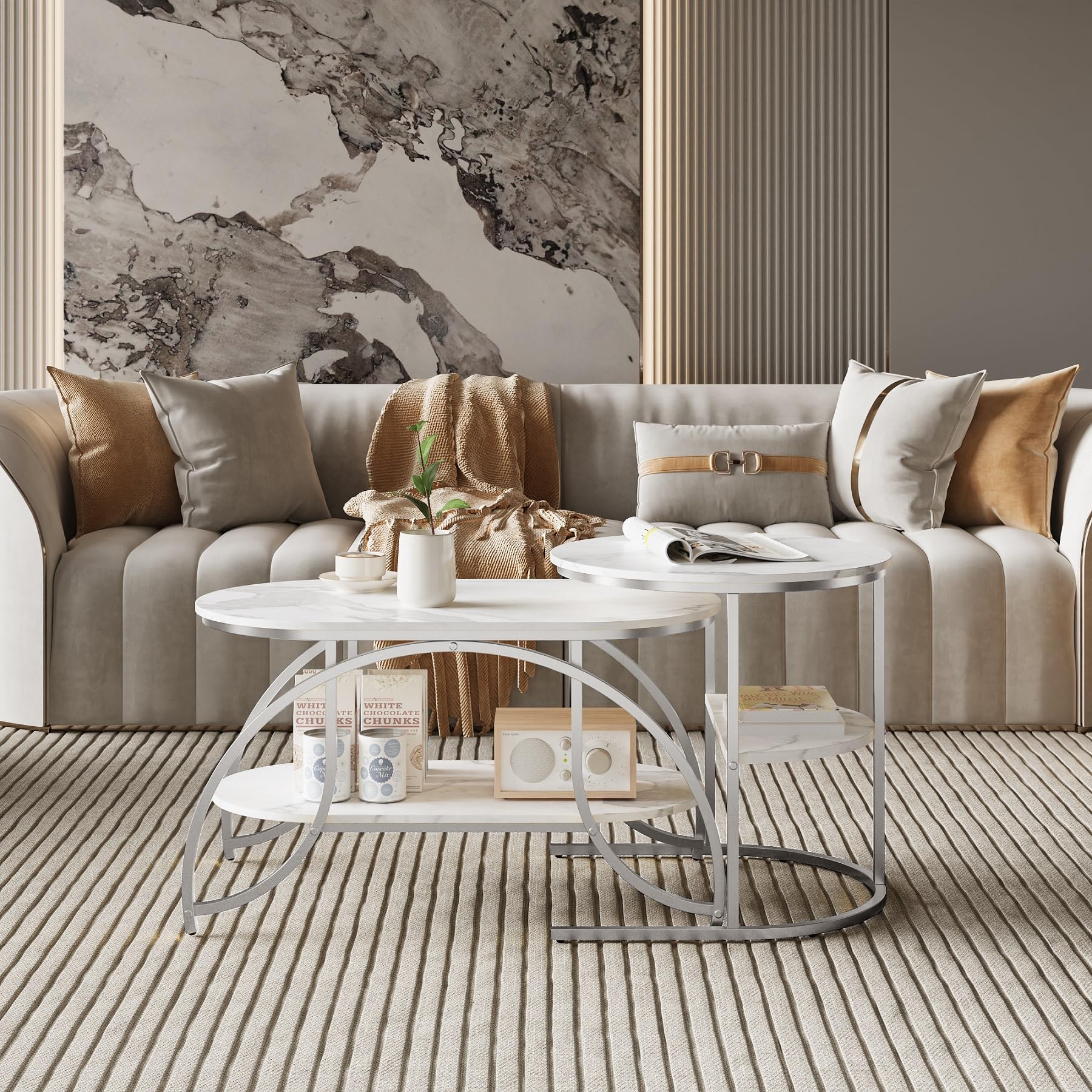 Lot de 2 Tables Basses, Table Gigogne Design Marbre, avec Espace de Rangement, Cadre en Métal, pour Canapé, Salon, Chambre (Argent + Blanc, 80x46x45 cm)