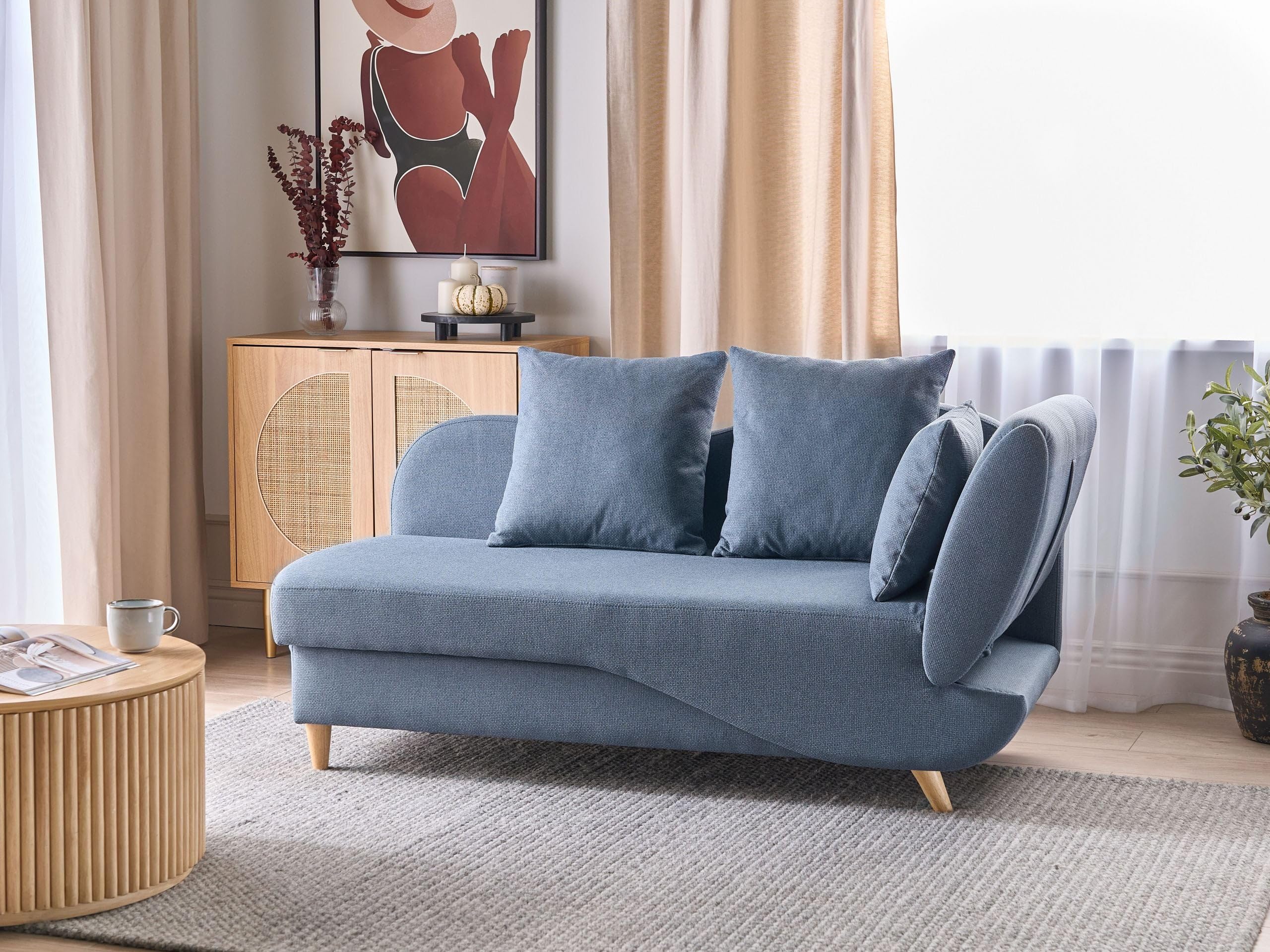 Beliani Chaiselongue Leinenoptik blau rechtsseitig mit Stauraum Kissen modern Meri II