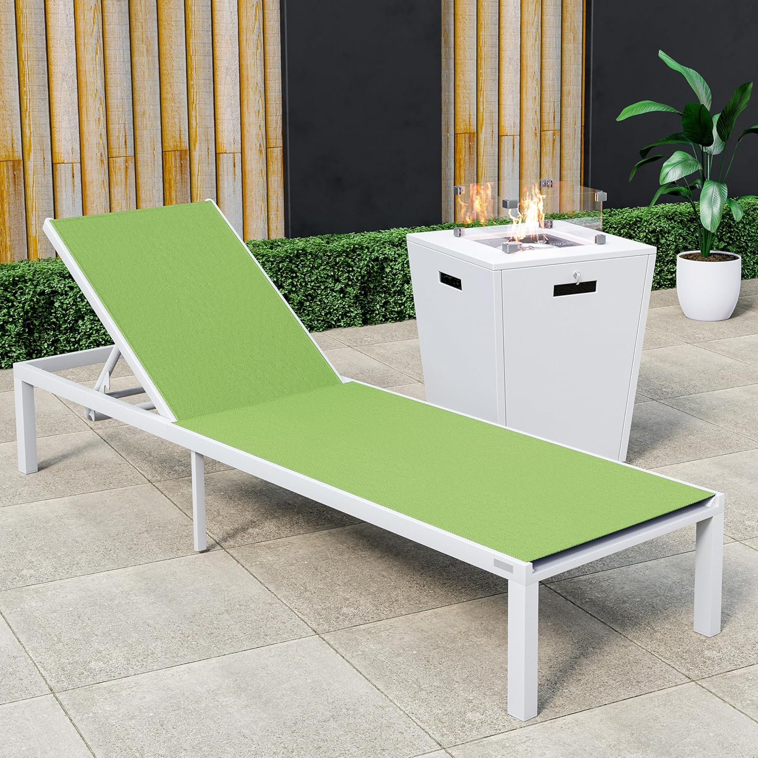 LeisureMod Modern Black Aluminum Outdoor Chaise Lounge Chair with Square Fire Pit Side Table – Perfect for Patio, Lawn, and Garden, Navy Blue