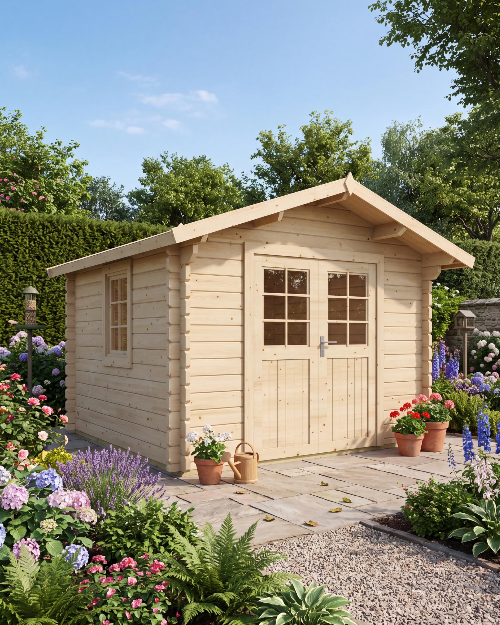 Steiner Shopping Gartenhaus Wiesentraum 05 I 44 mm Blockbohlenhaus aus naturbelassenem Holz I Außenmaß 320 x 342 cm I Gartenhaus mit Satteldach, Doppeltür & Einzelfenster