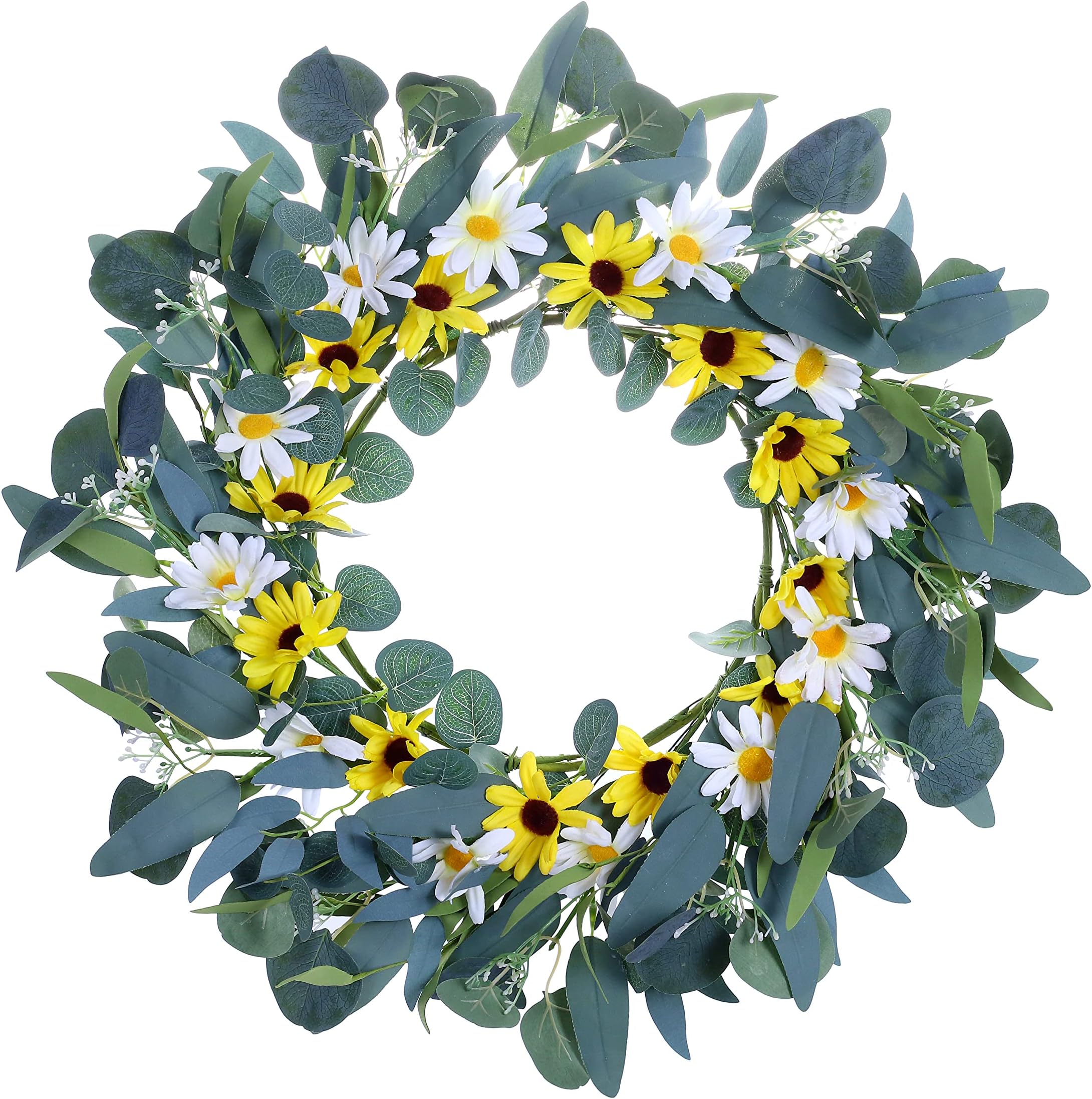 LLZLL Artificial Spring Wreath for Front Door,20” Flower Wreath with Green Eucalyptus Leaves and White Yellow Daisy Flowers for Front Door Wall Window and Easter Decor