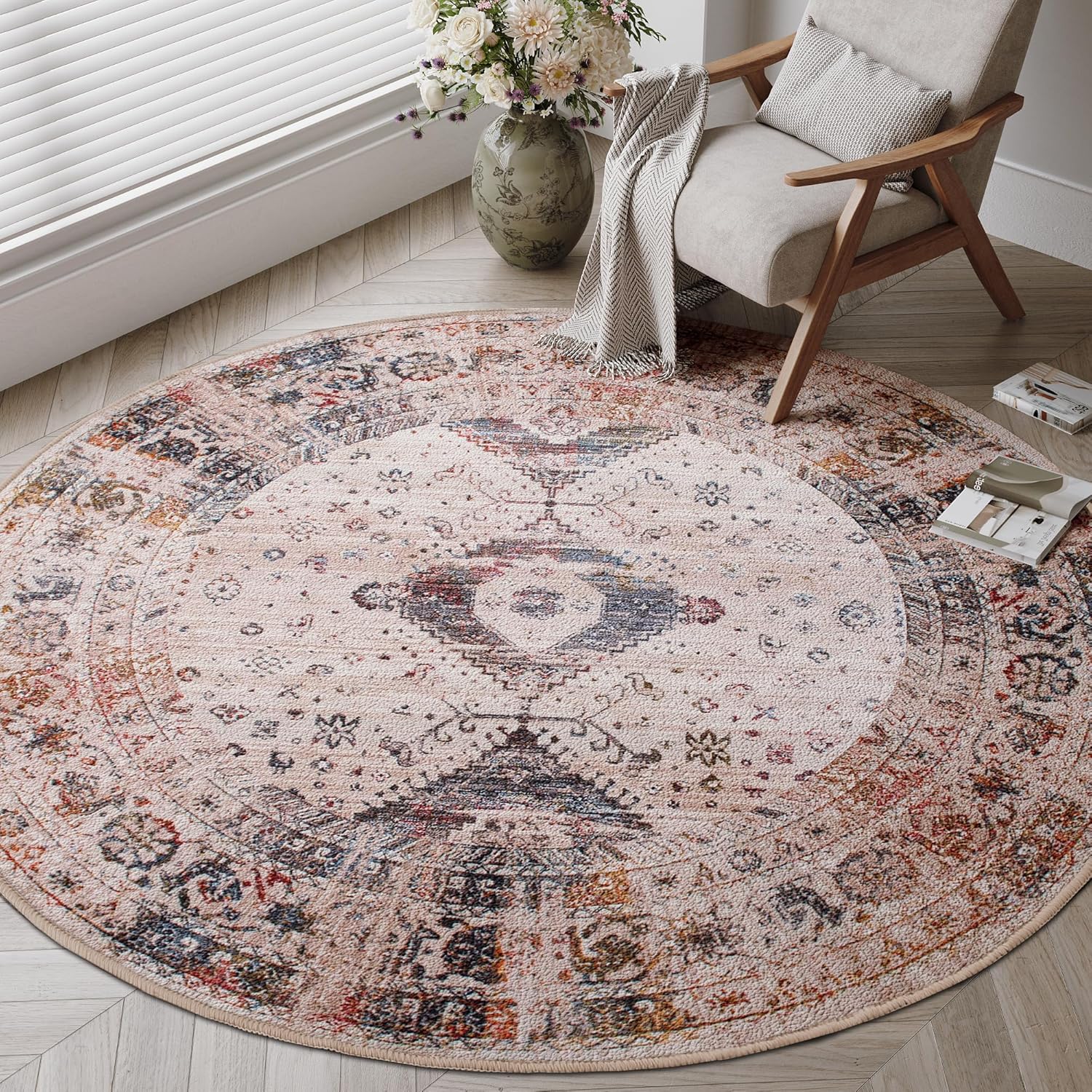 Smarcute Distressed Vintage Area Round Rug Imitation Cashmere Circle ...