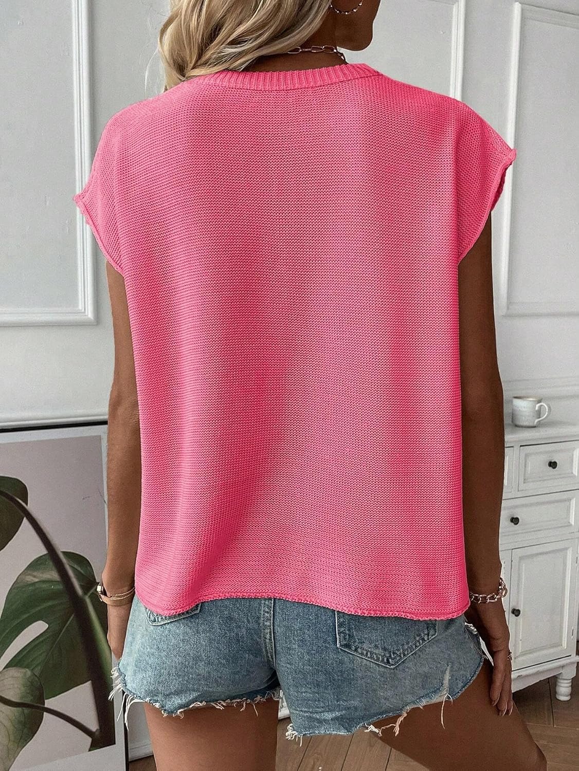 Women Fall Trendy Plain Crew Neck Casual Loose Knit Sweater Vest Autumn Winter Sweater Vest Top