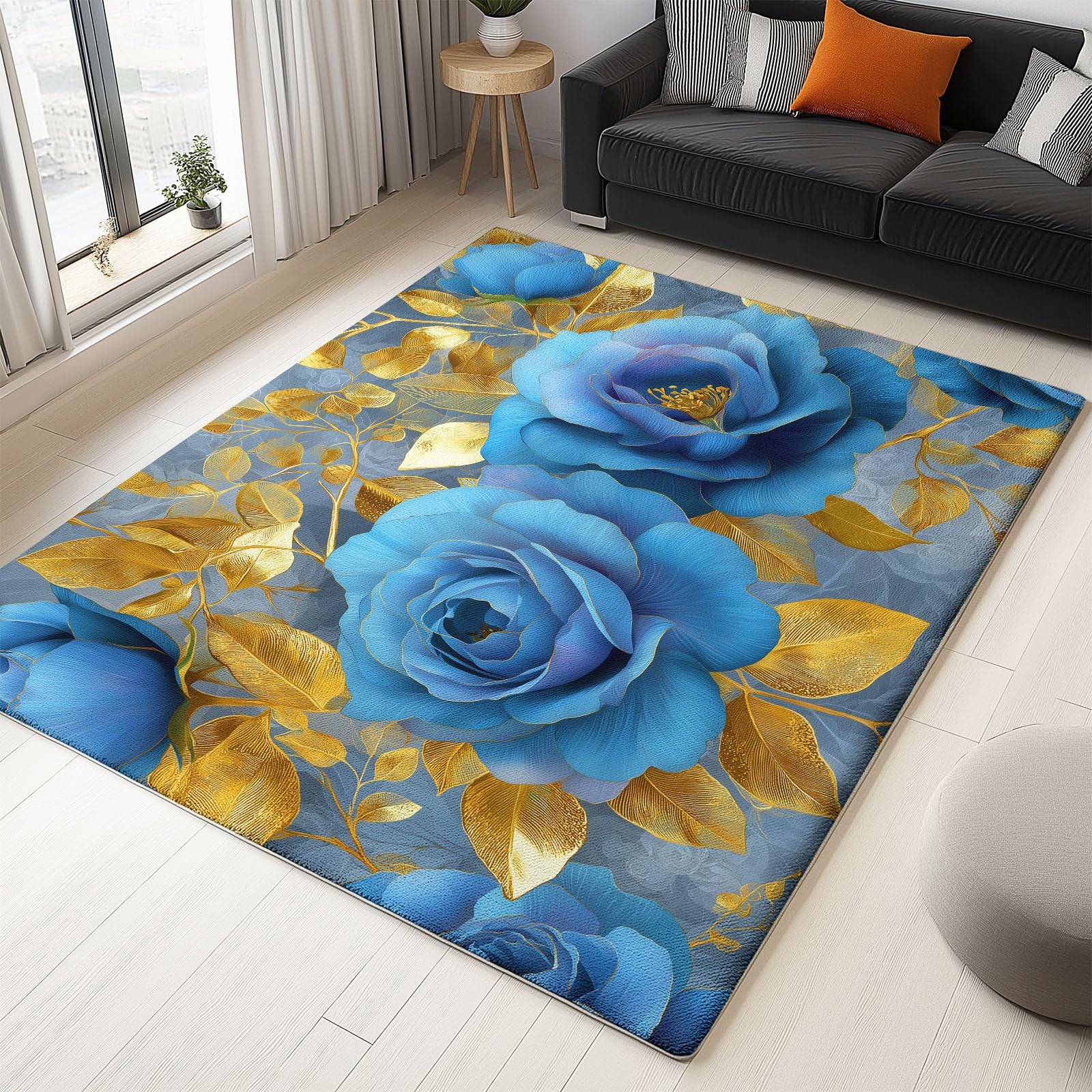 Générique Niebieski dywan do salonu 80 x 150 cm - różowe kwiaty liście można prać w pralce antypoślizgowy, romantyczny motyw miękki dywan do jadalni sypialni biura