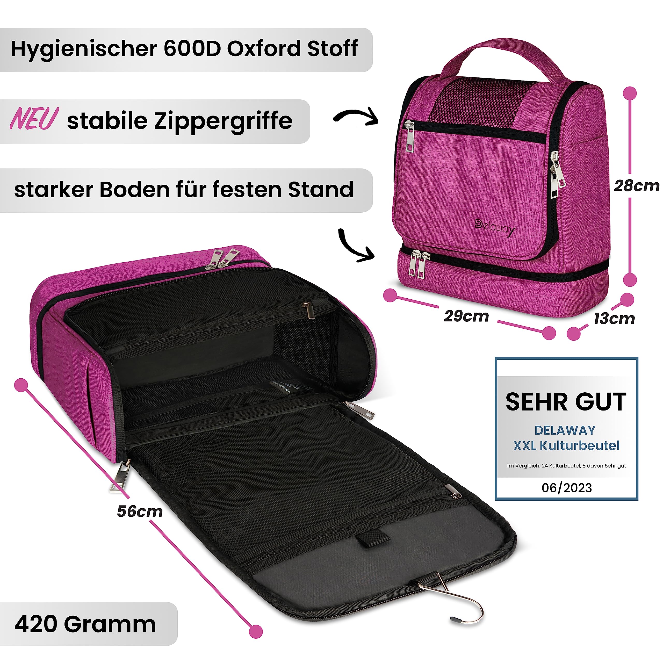 Beauty case XXL da appendere [Design 2026] Grande beauty case per donna, uomo con supporto per valigia e scomparto bagnato separato – Borsa per il lavaggio per uomini e donne, Rosa Nuovo, xl