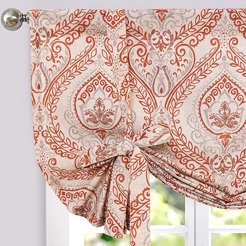 jinchan Tie Up Valance for Kitchen Living Room Farmhouse Damask Printed Paisley Rod Pocket Adjustable Tie-up Shade Valance Multicolor Medallion Flax Window Curtain 45 inch Long 1 Panel Red on Beige
