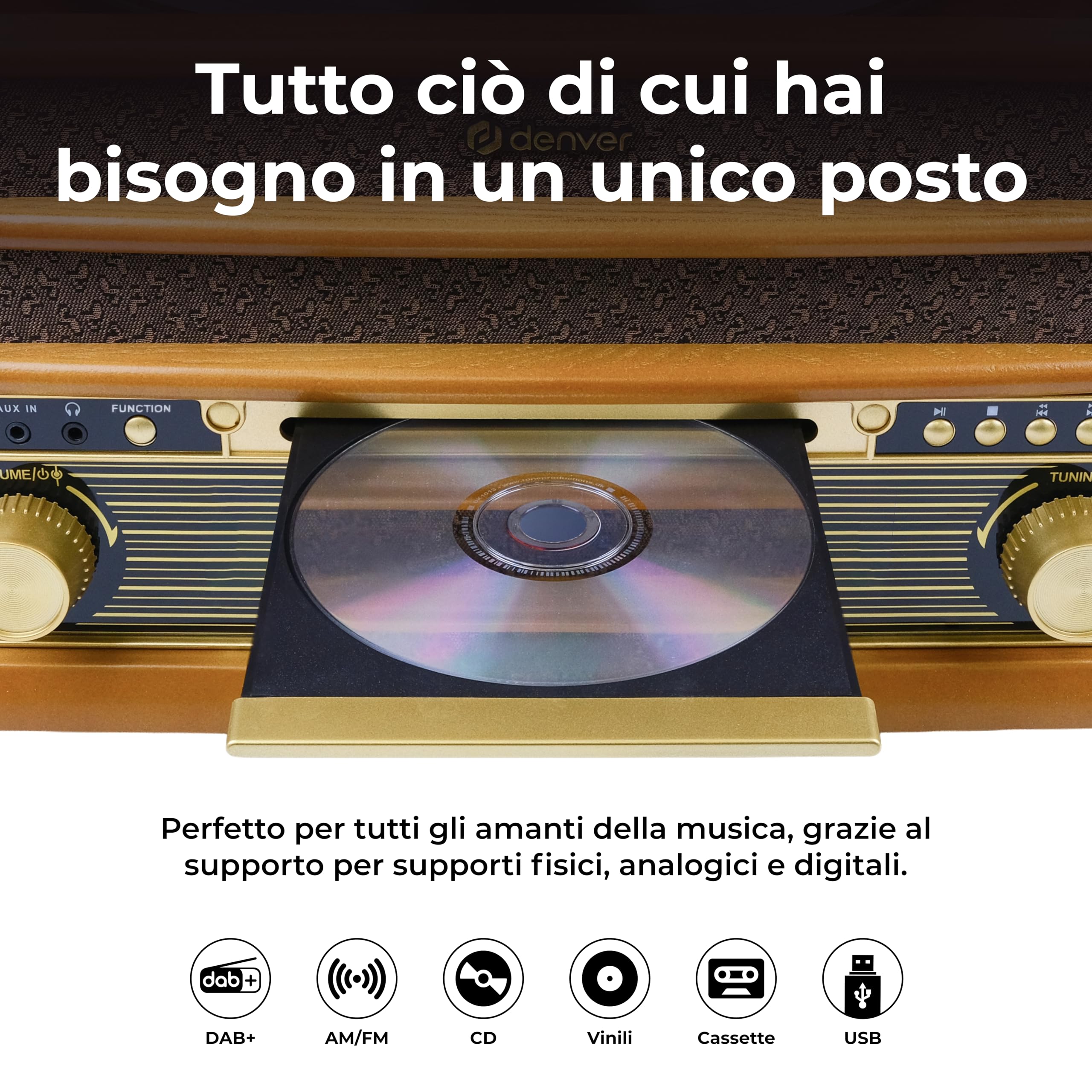 Denver MRD-51 Giradischi Vinili Vintage in Legno con Radio DAB+, Lettore Vinile, CD, Cassetta, USB per MP3, Giradischi e AUX – Giradischi con Casse Integrate Retrò