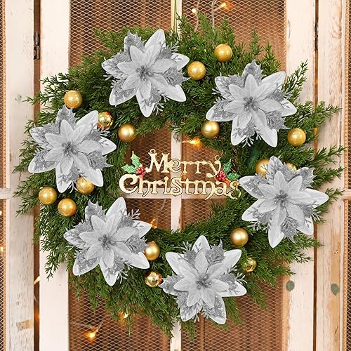 Miniatura 4 de Kisflower 24 flores artificiales de Pascua plateadas con clips y tallos, adornos de árbol de Navidad con purpurina para Navidad, Año Nuevo, boda,