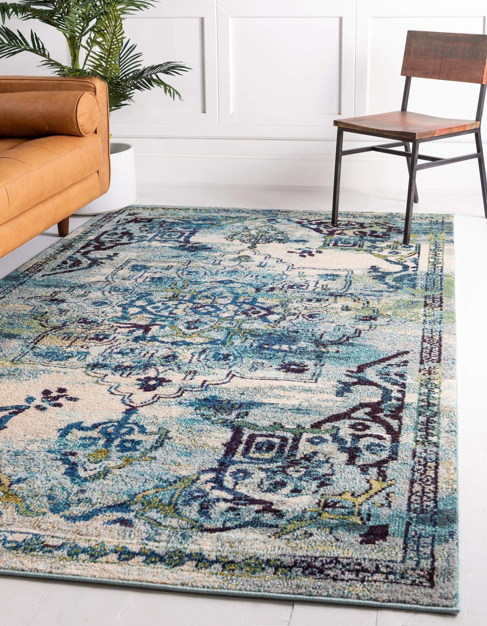 Rugs.com Fleur Collection Rug – 10' x 16' Blue Medium-Pile Rug Perfect for Living Rooms, Large Dining Rooms, Open Floorplans