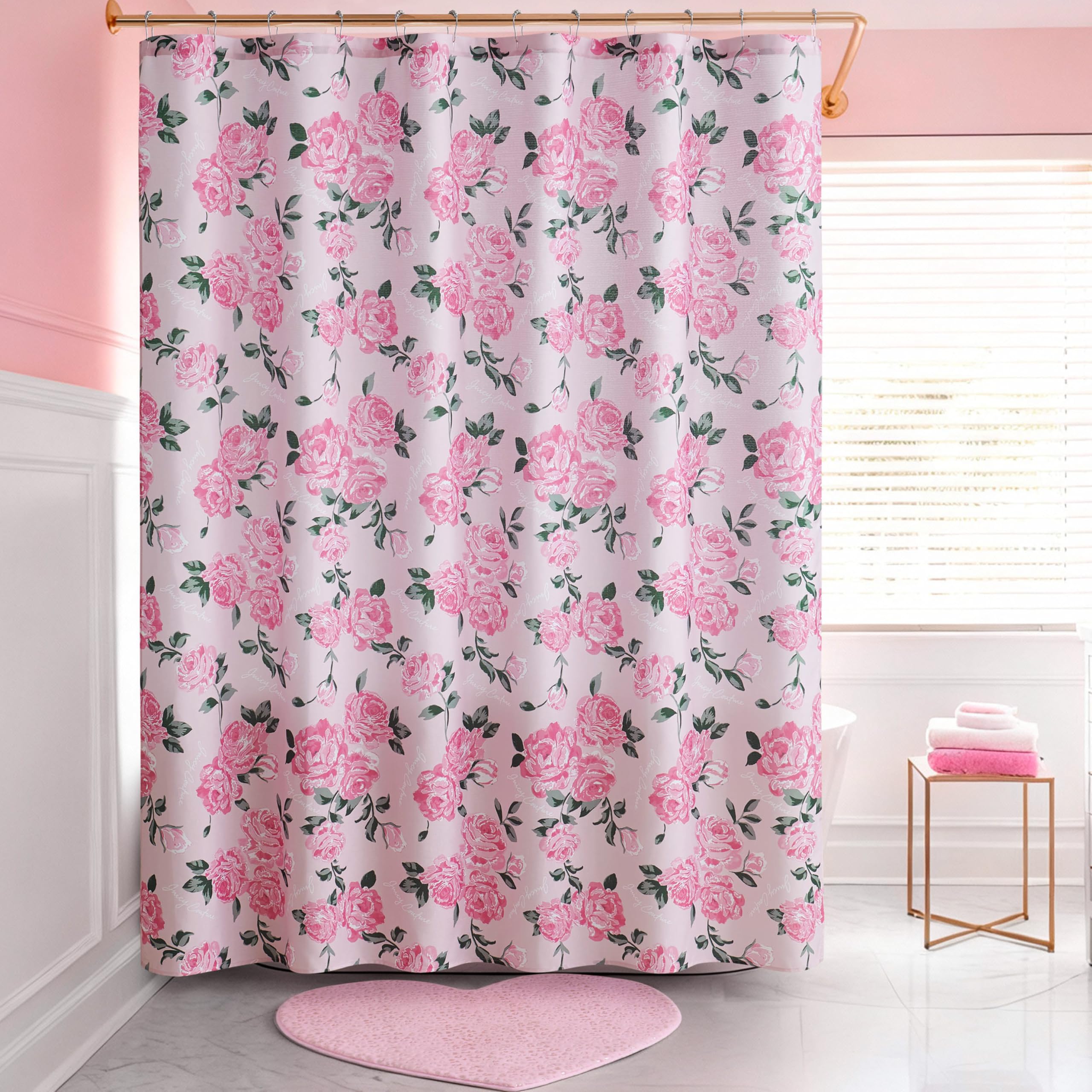 Rideau de douche en tissu rose floral léopard doré 178x183 Juicy Couture