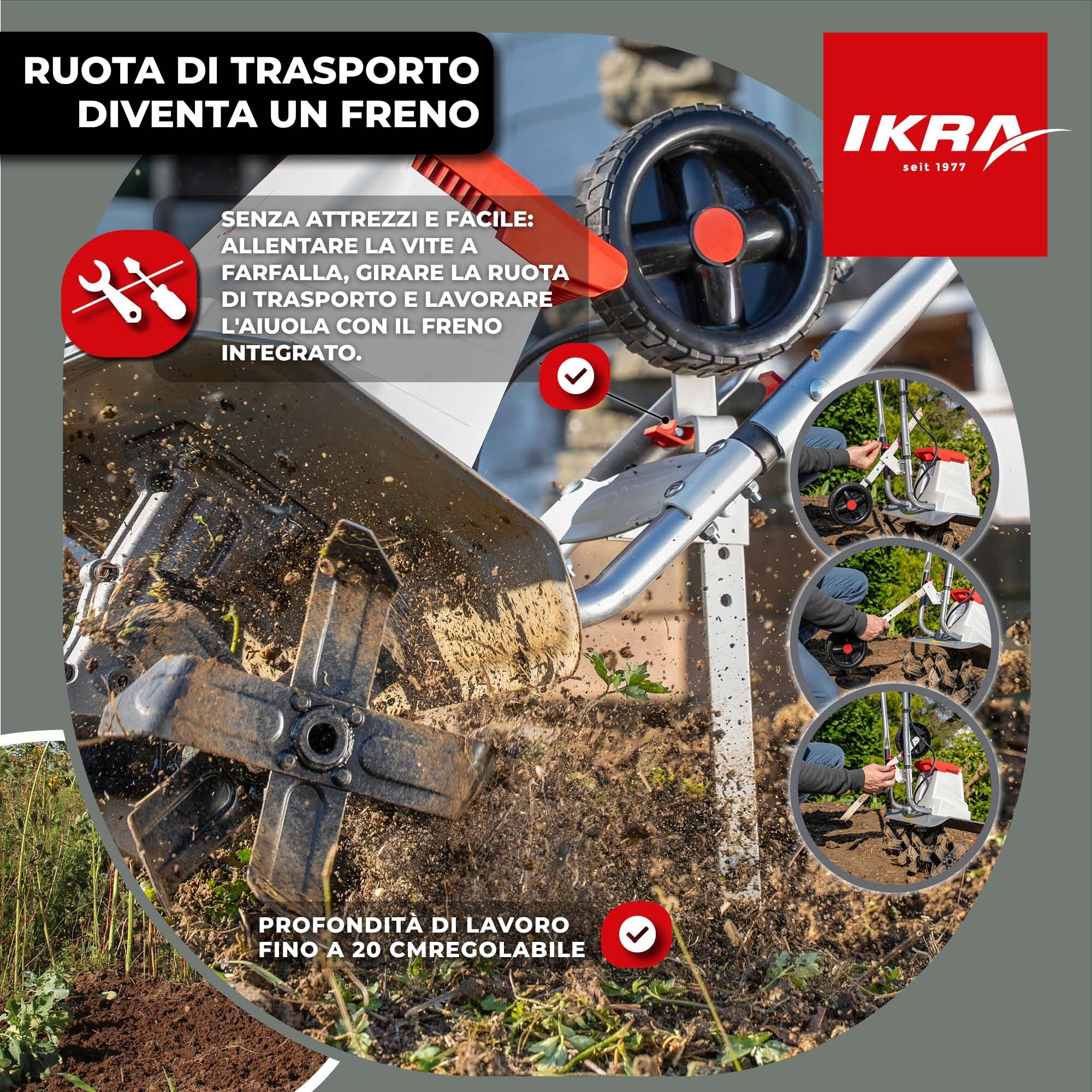 IKRA motozappa elettrica IEM 1500, larghezza regolabile 32 e 45 cm | Prepara il terreno alla semina, 1500W, 20 cm, sperone frenante, ruota trasporto, pieghevole, protezione sovraccarico