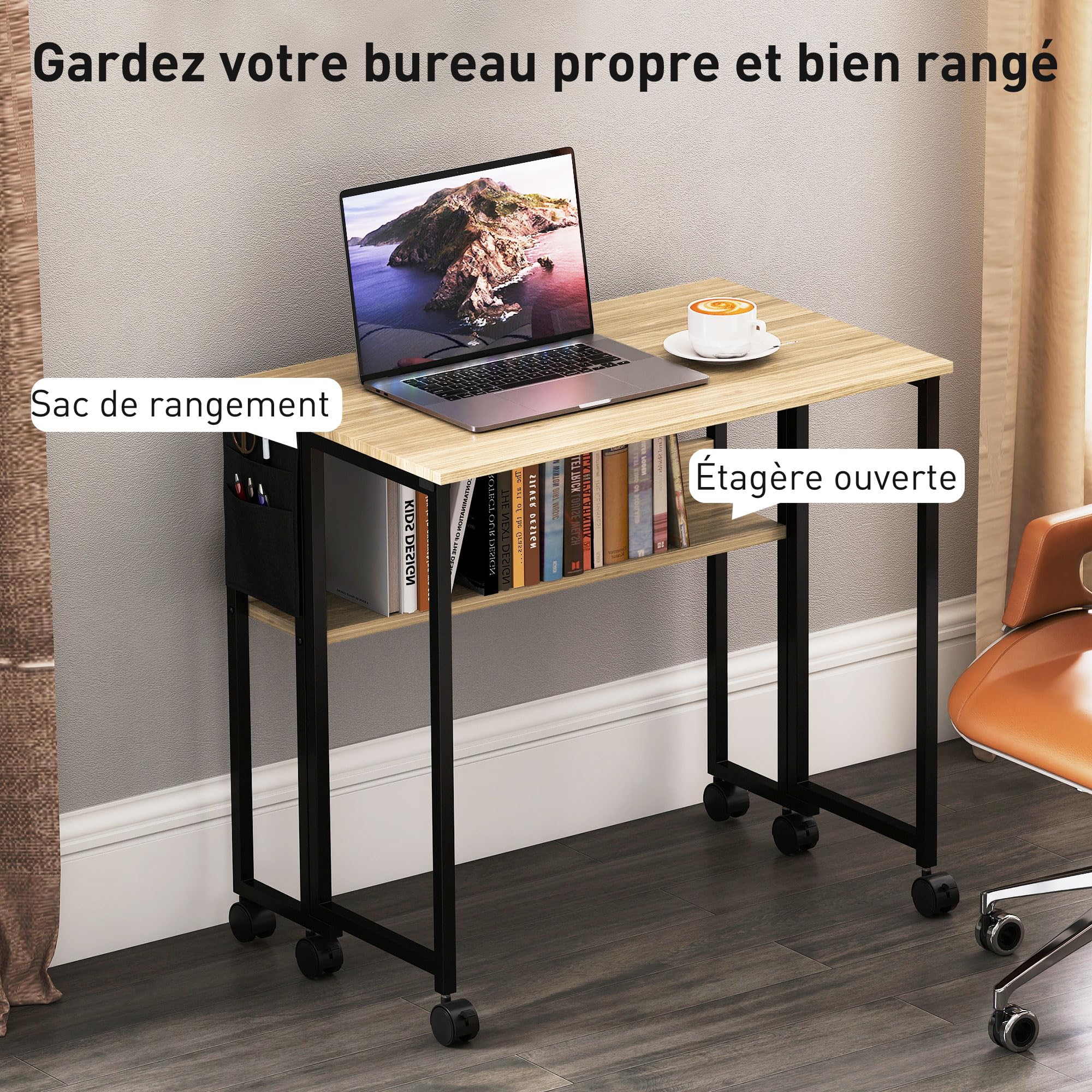 HOMCOM Escritorio plegable con ruedas, mesa de ordenador 80 x 50 cm con estante y bolsa de almacenamiento, mesa de estudio para oficina en casa, dormitorio, espacios pequeños, roble | Con estante y bolsa de almacenamiento, mesa de estudio, para oficina en