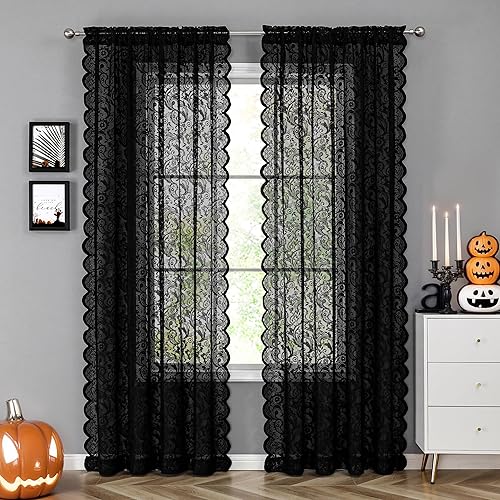 Bujasso Cortinas traslúcidas de encaje negro de 95 pulgadas, paneles de cortina traslúcidas vintage con estampado floral para ventana, sala de