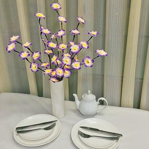 Miniatura 4 de Paquete de 2 ramas de flores artificiales de plumeria, ramo de berenjenas ligeras falsas de Frangipani para decoración romántica del hogar (morado)