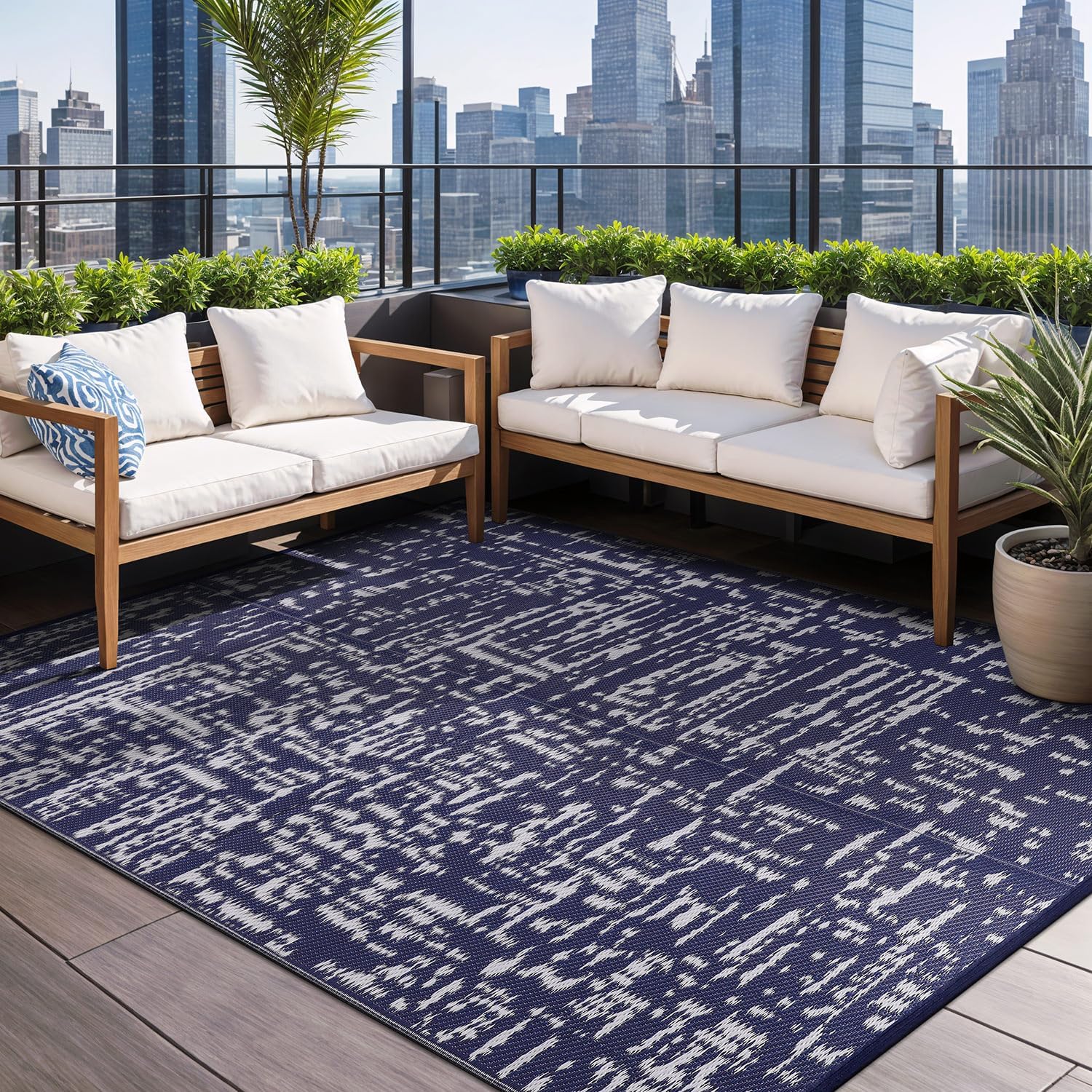 Blue and White Abstract Reversible Outdoor Rug 5' x 7'