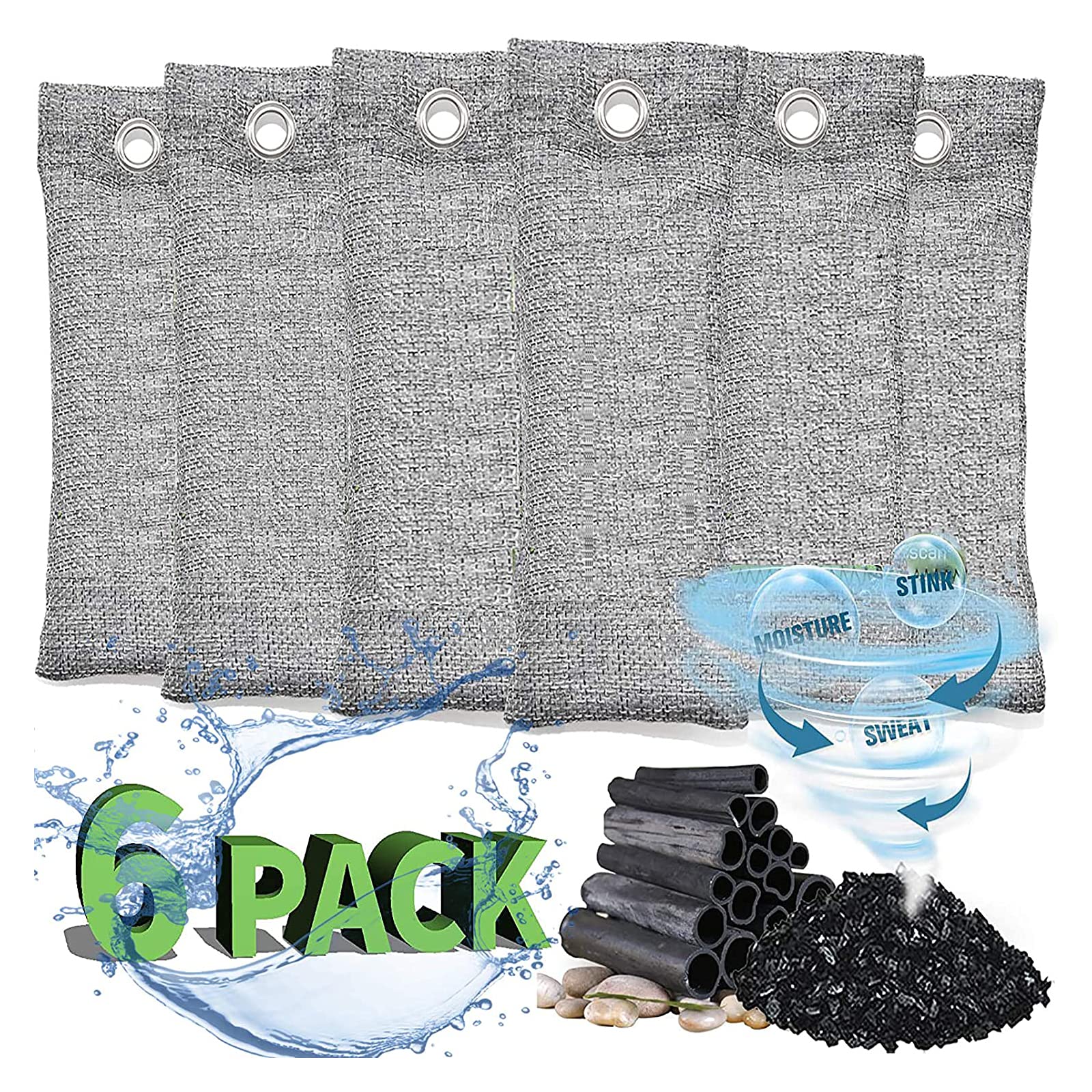 RUN HELIX Bamboo Air Purifying Bags, activated charcoal odour absorber, odour eliminator, shoe deodorizer, Used for Home, Car, Closet, Pet, Fridge, Smoke Room Deodorizer （6x50g）